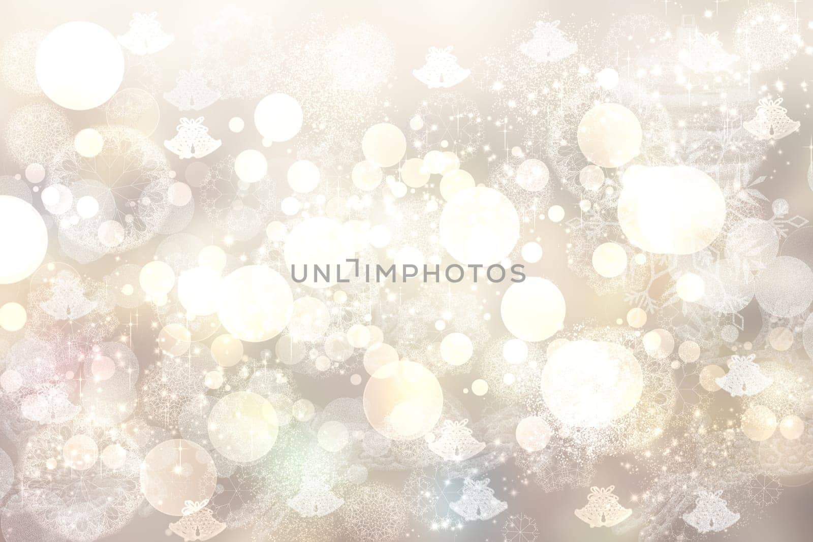 Merry Christmas and Happy New Year template card background texture design with abstract blurred festive beige and yellow bokeh lighted glittering snowflakes and stars.