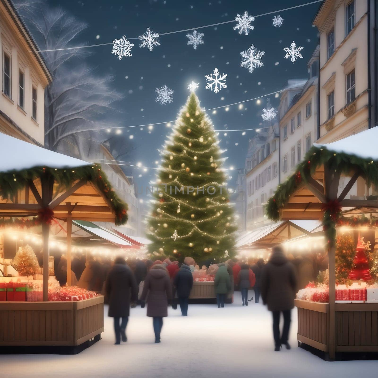 Christmas market, stalls on the side with visitors. Christmas tree with fairy lights and Christmas bauble. Snow-covered path. Festive atmosphere. AI generated image