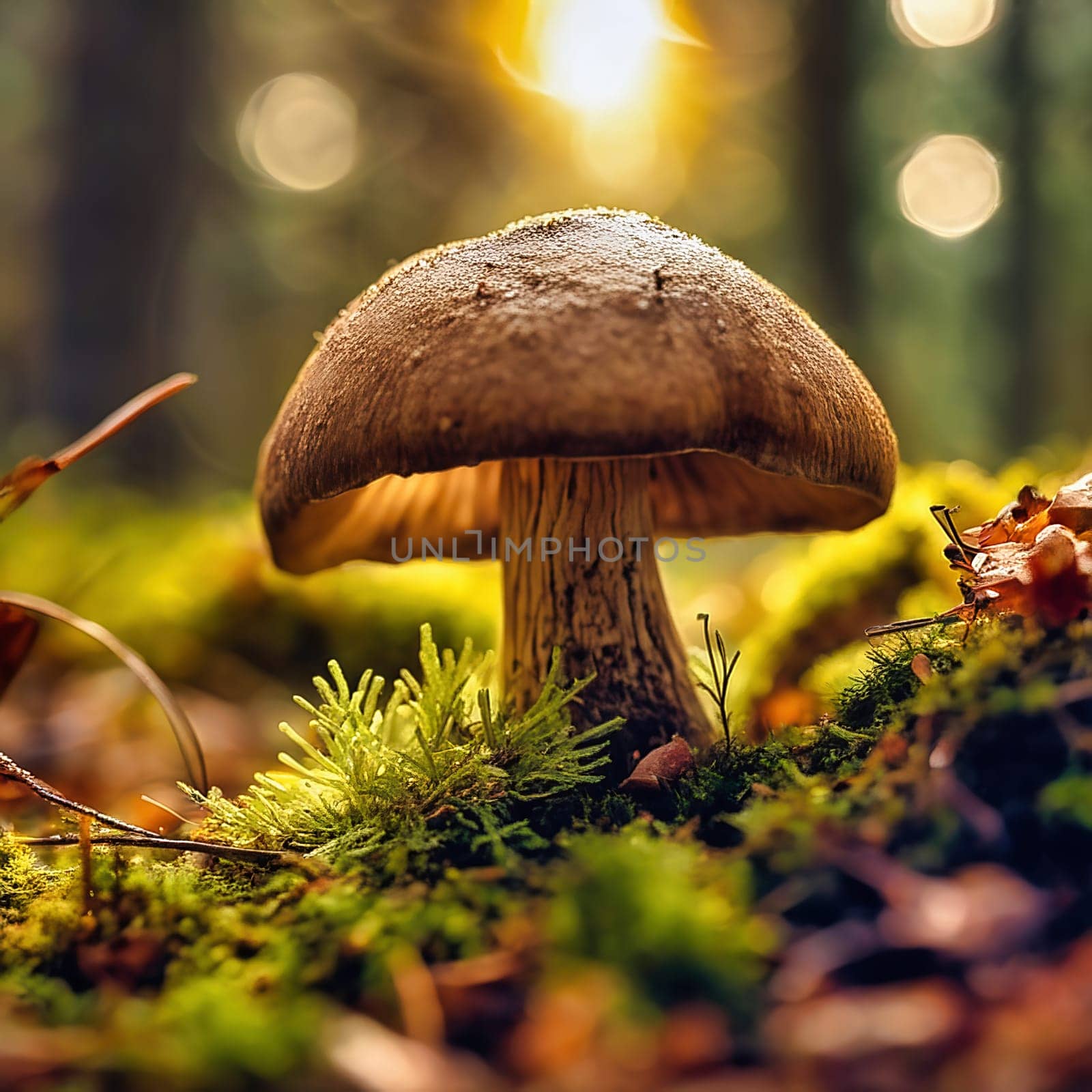 Mushroom in the moss on the forest floor. Mystical magician. Autumn light mood. AI generated image