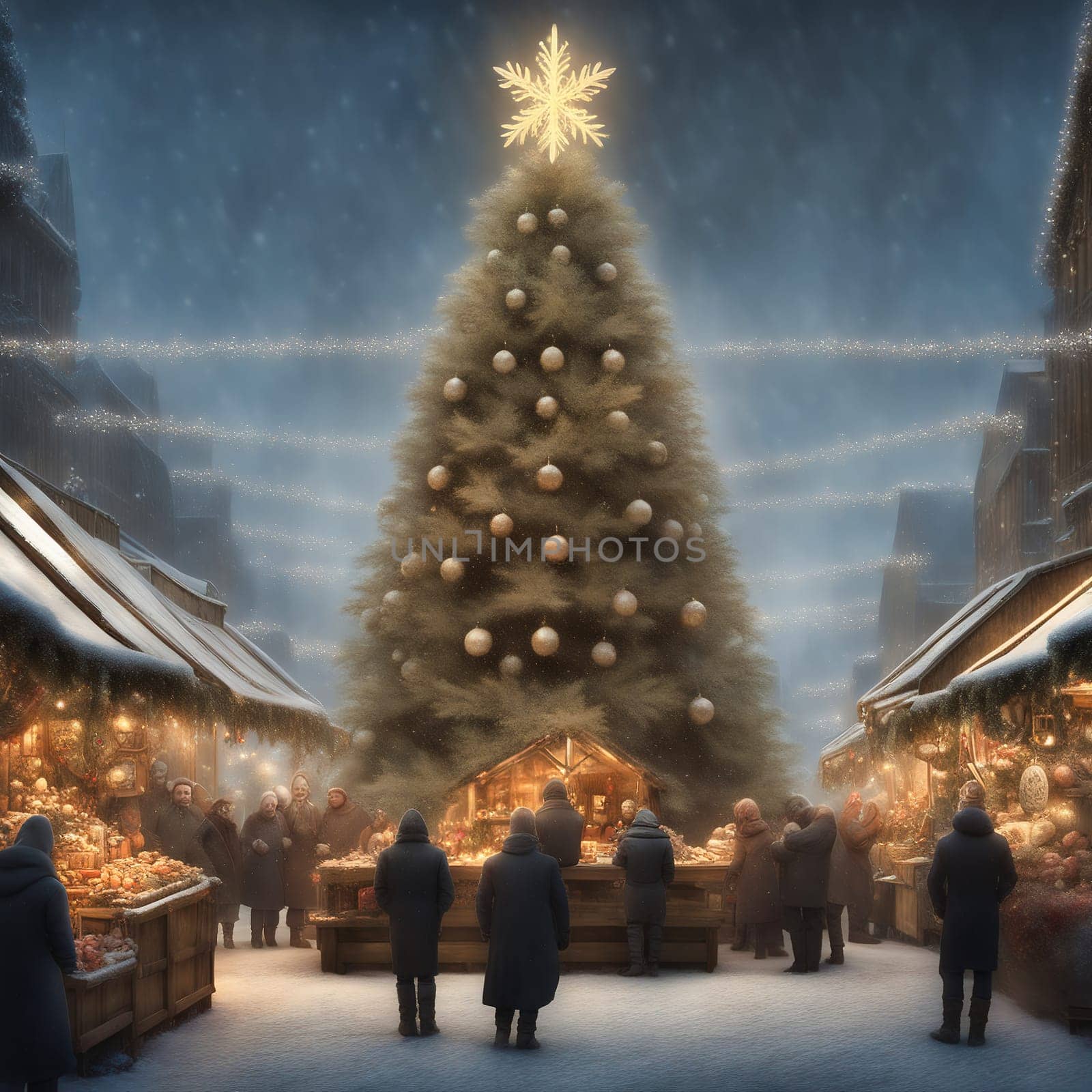 Christmas market, stalls on the side with visitors. Christmas tree with fairy lights and Christmas bauble. Snow-covered path. Festive atmosphere. AI generated image