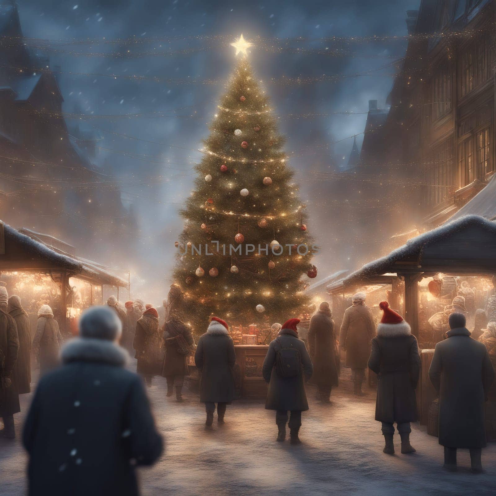 Christmas market, stalls on the side with visitors. Christmas tree with fairy lights and Christmas bauble. Snow-covered path. Festive atmosphere. AI generated image