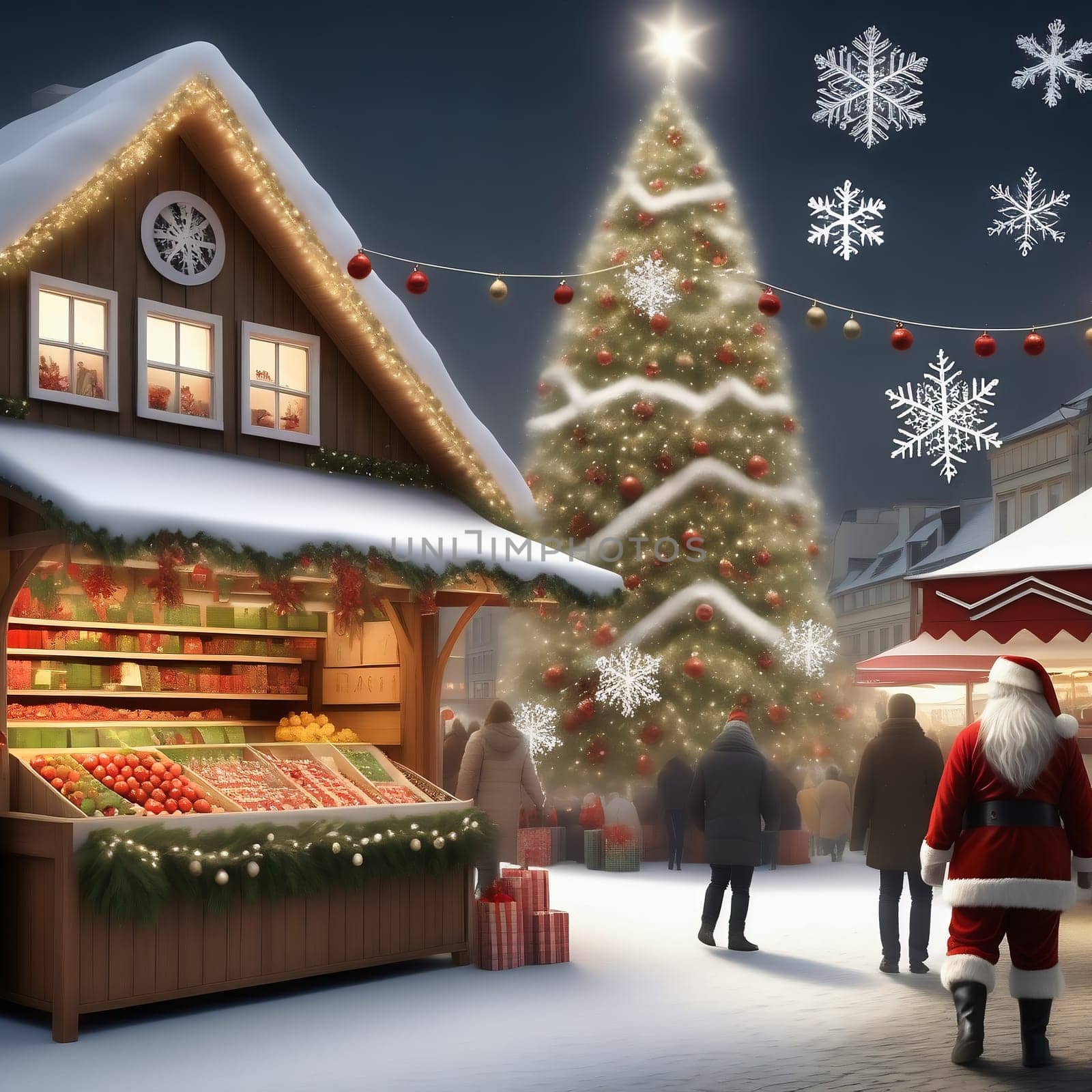 Christmas market, stalls on the side with visitors. Santa Claus among the people. Christmas tree with fairy lights and Christmas bauble. Snow-covered path. Festive atmosphere. AI generated image