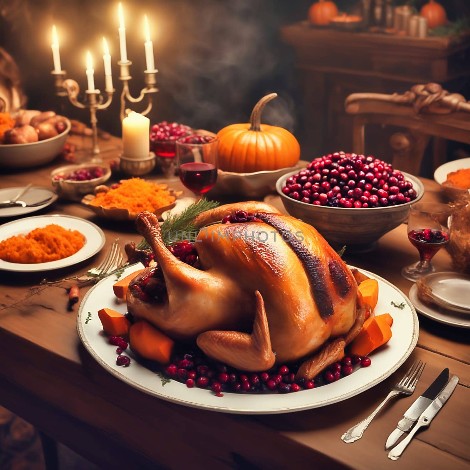 Thanksgiving feast. Turkey with vegetable side dishes on a festive table. Traditional family feast. AI generated image