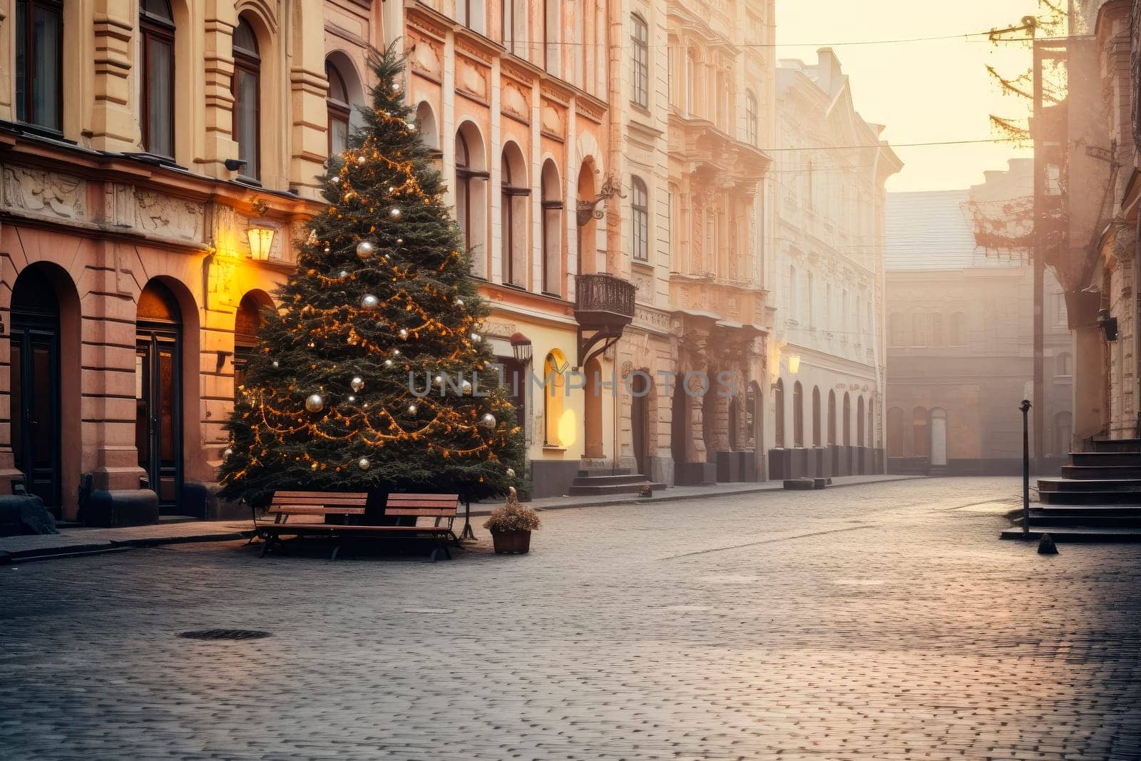 Christmas tree in beautiful empty old city at early morning, while all people sleeping at home. Christmas tree and the Old Town Square. AI generated