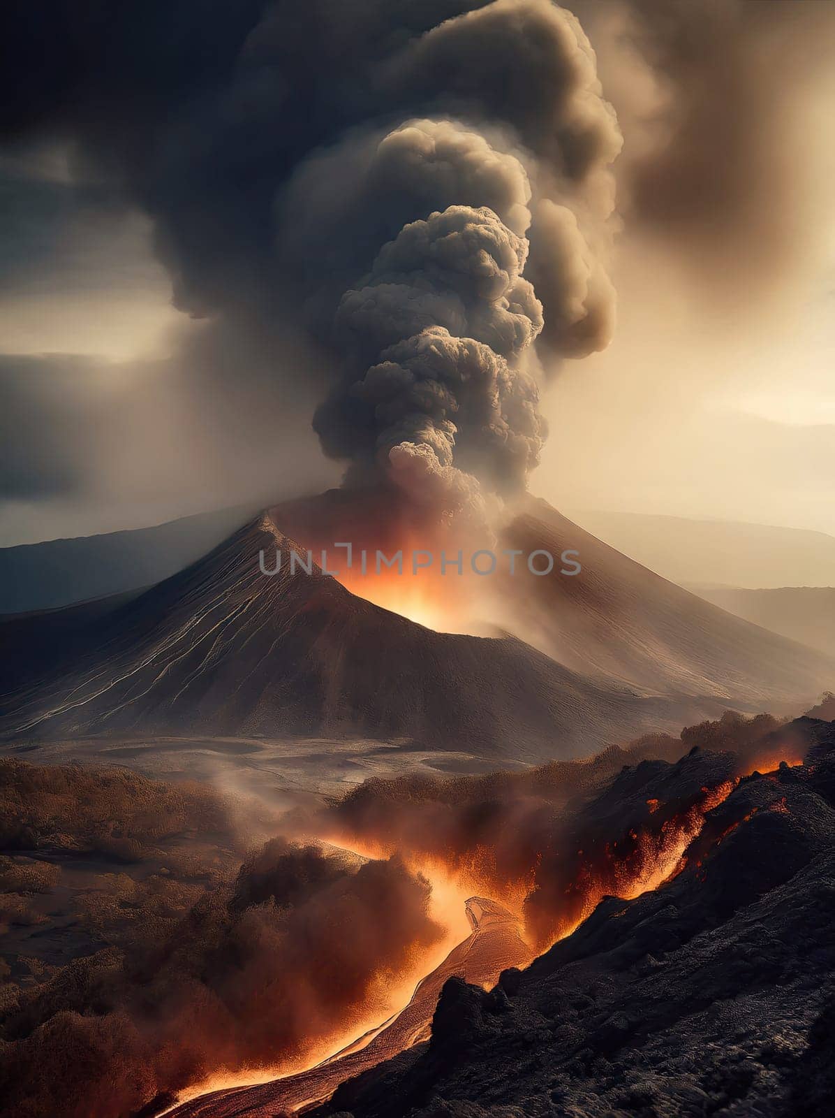 Volcanic eruption with dense smog and ash coming out of the crater and melting lava flowing down the mountain