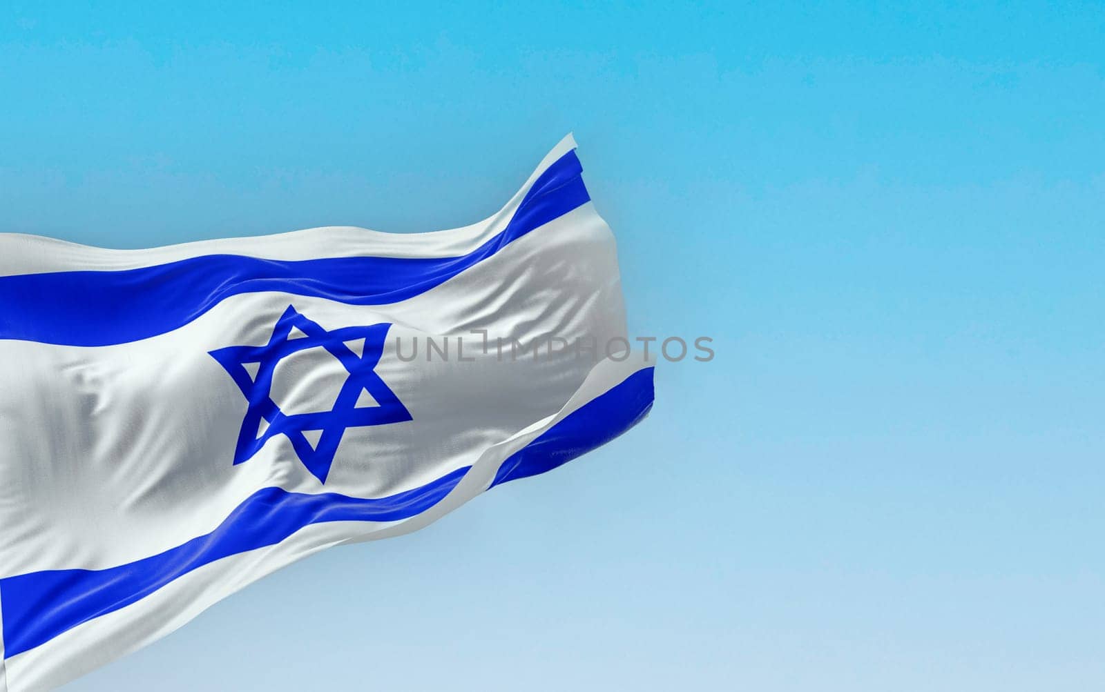 State of Israel national flag waving on a clear day. Blue Star of David in the center, flanked by two horizontal blue stripes on a white field. 3d illustration render. Selective focus. Close-up