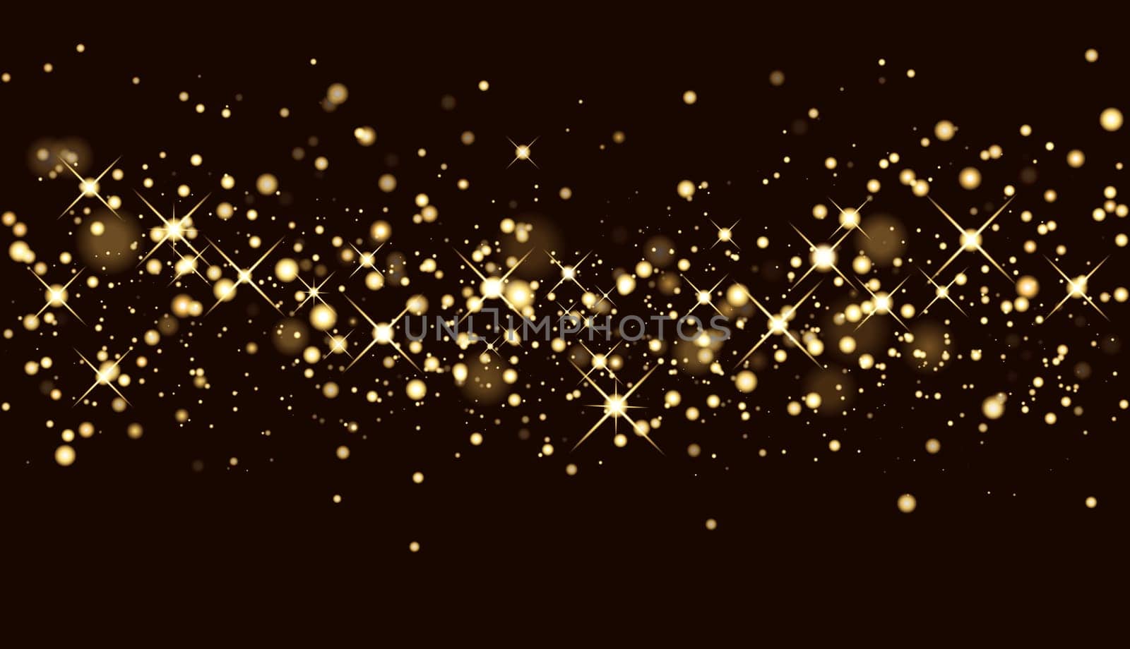 Shining gold sparkles. The glitter of golden dust in the rays of light. Abstract festive background in dark brown color.