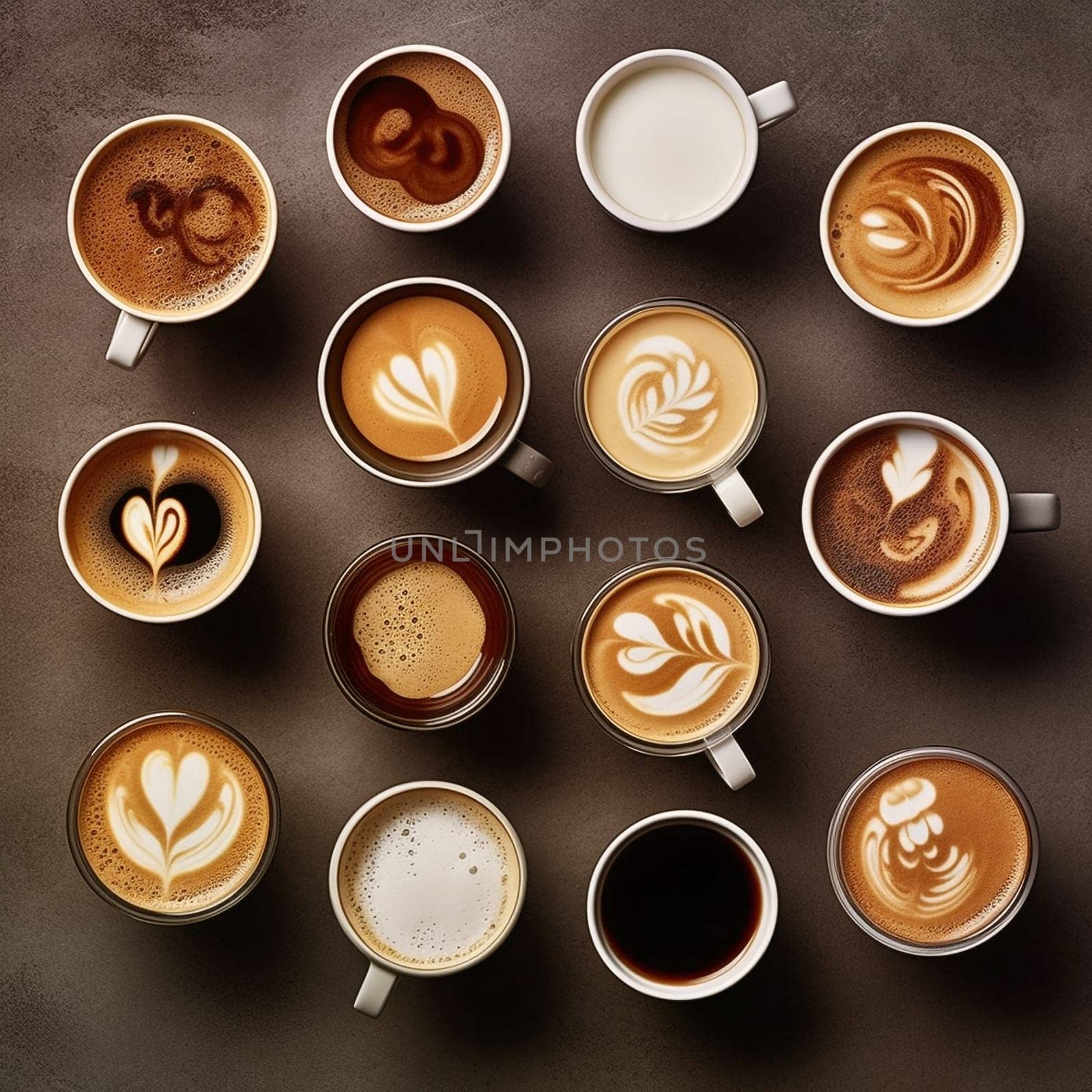 Variety of coffee like cappuccino, espresso, milk coffee, hot drink for breakfast, take a break