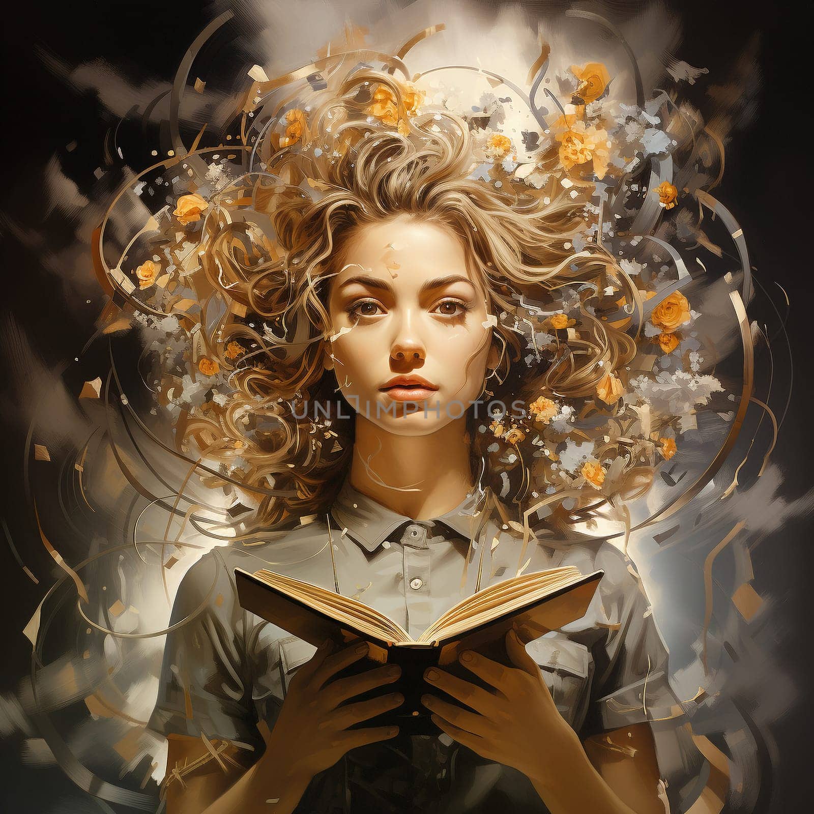 Woman surrounded by books, creative mind, exploding brain full of ideas and imagination, education concept, world book day