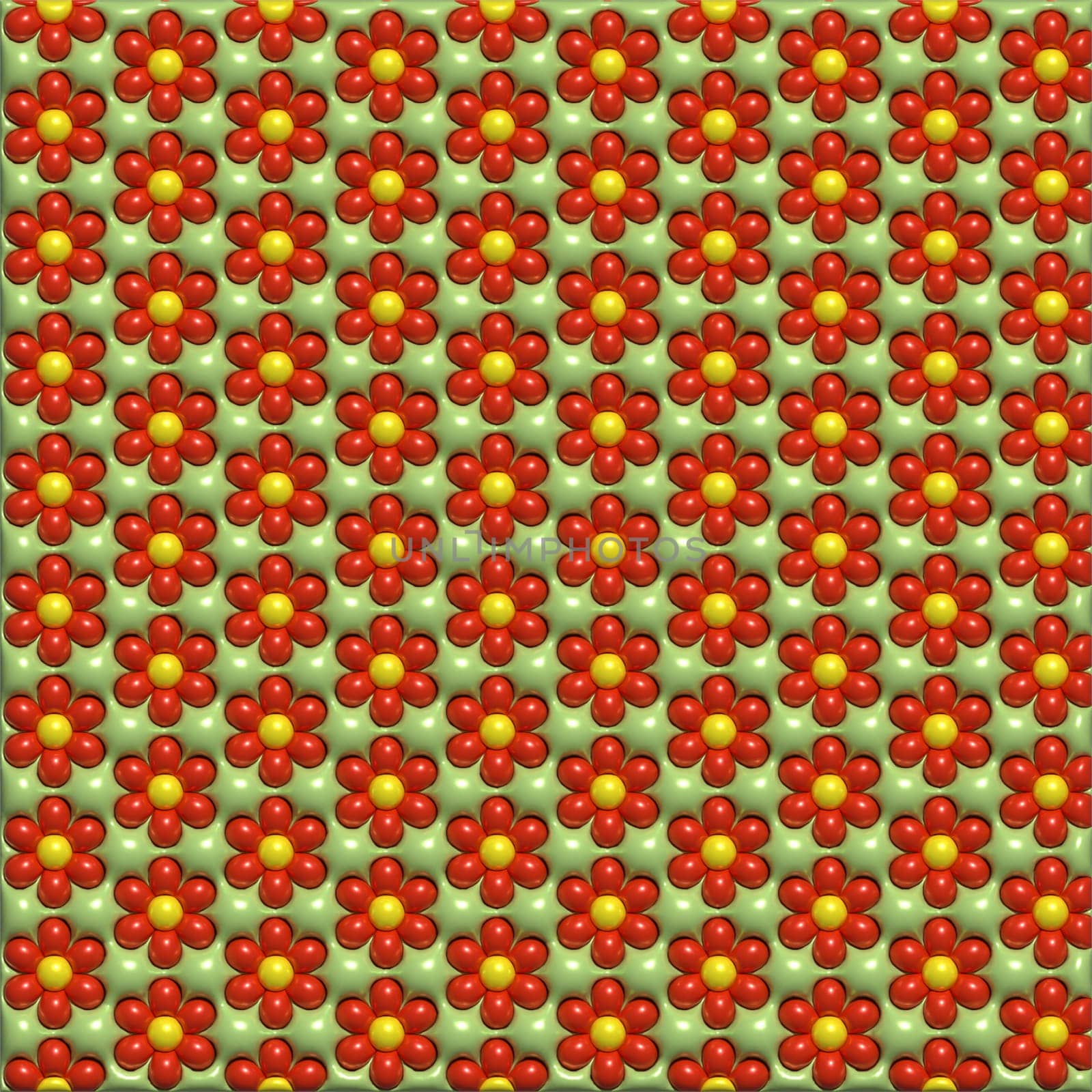 Red flowers on a green background, 3D rendering illustration