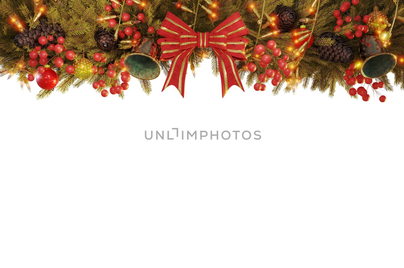 3D Illustration , Christmas border with fir branches and decoration ornaments elements on  white Background