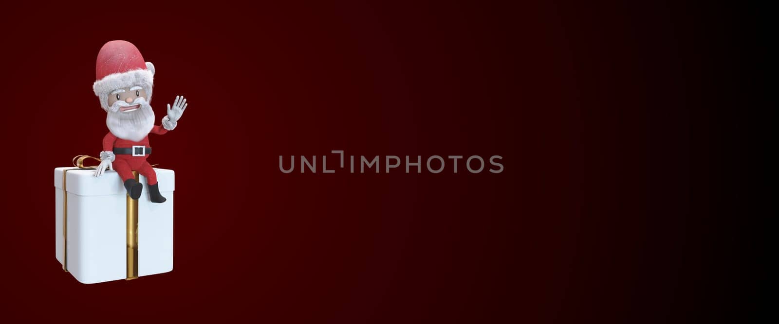 3D Illustration, Full body old Santa Claus in Christmas hat red suit clothes sitting on big gift present box on Background