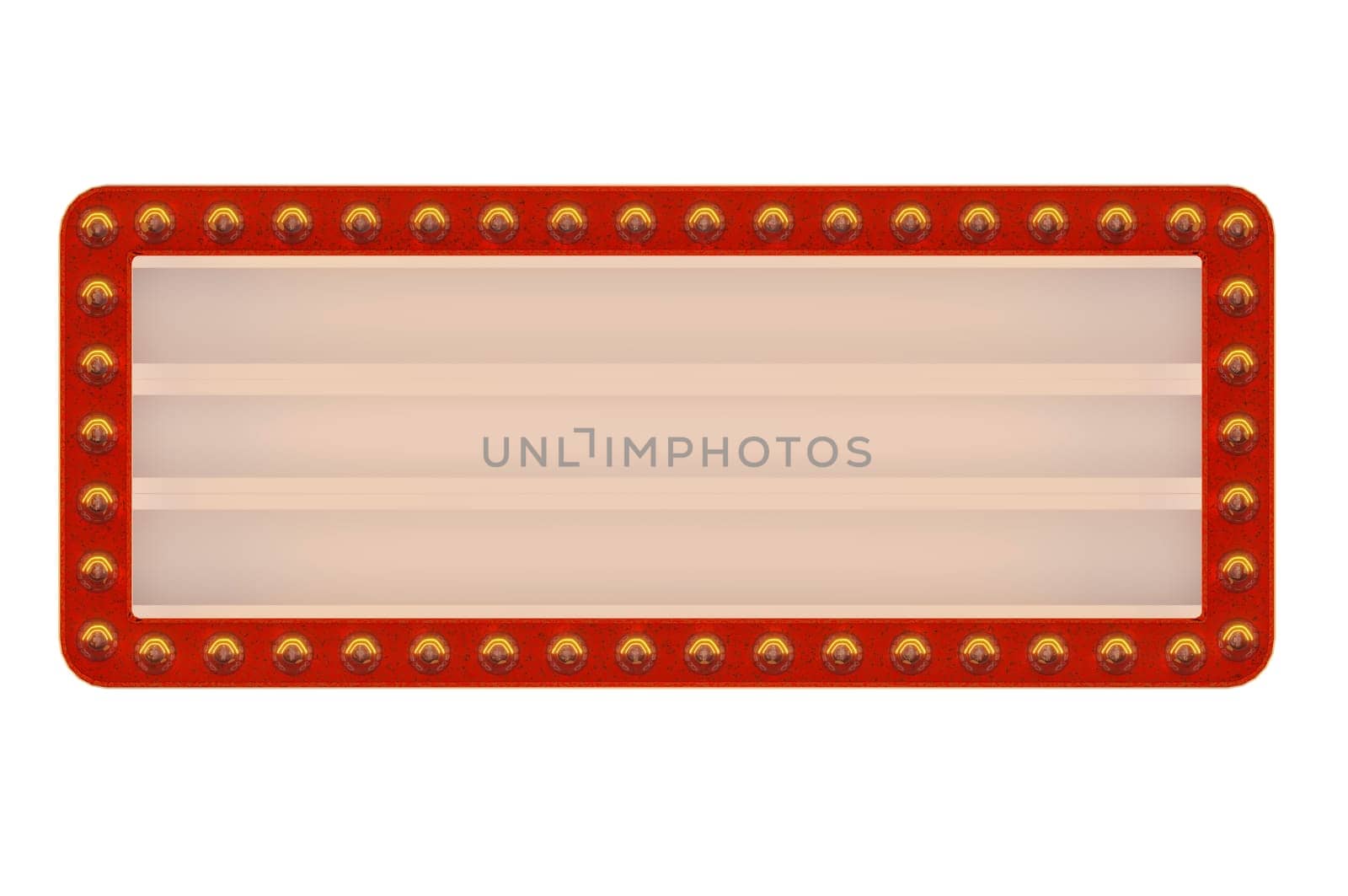 3D Illustration, Marquee frames with red border or button, retro casino signboards with white background. Vintage circus banners with yellow light bulbs on  white Background . copy space for text