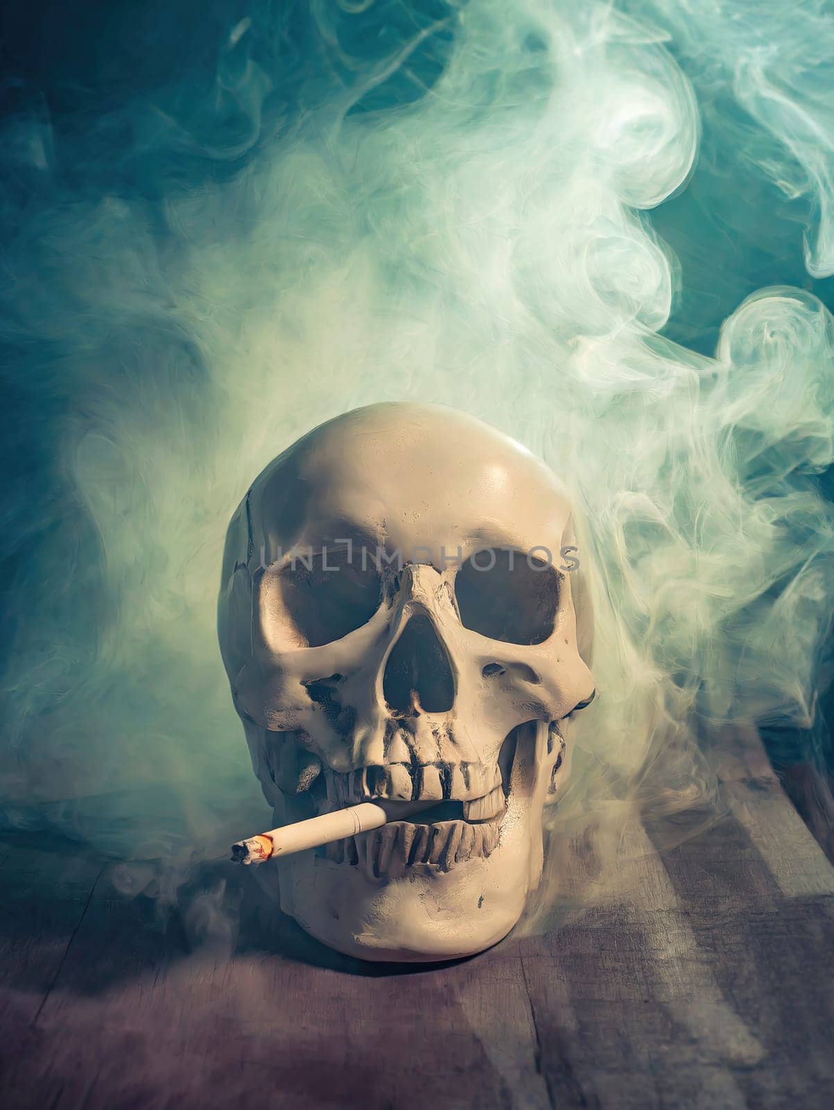 Smoking kills concept shows a skull with a burning cigarette in mouth as emits dense, toxic smoke. Addiction danger to poisonous tobacco
