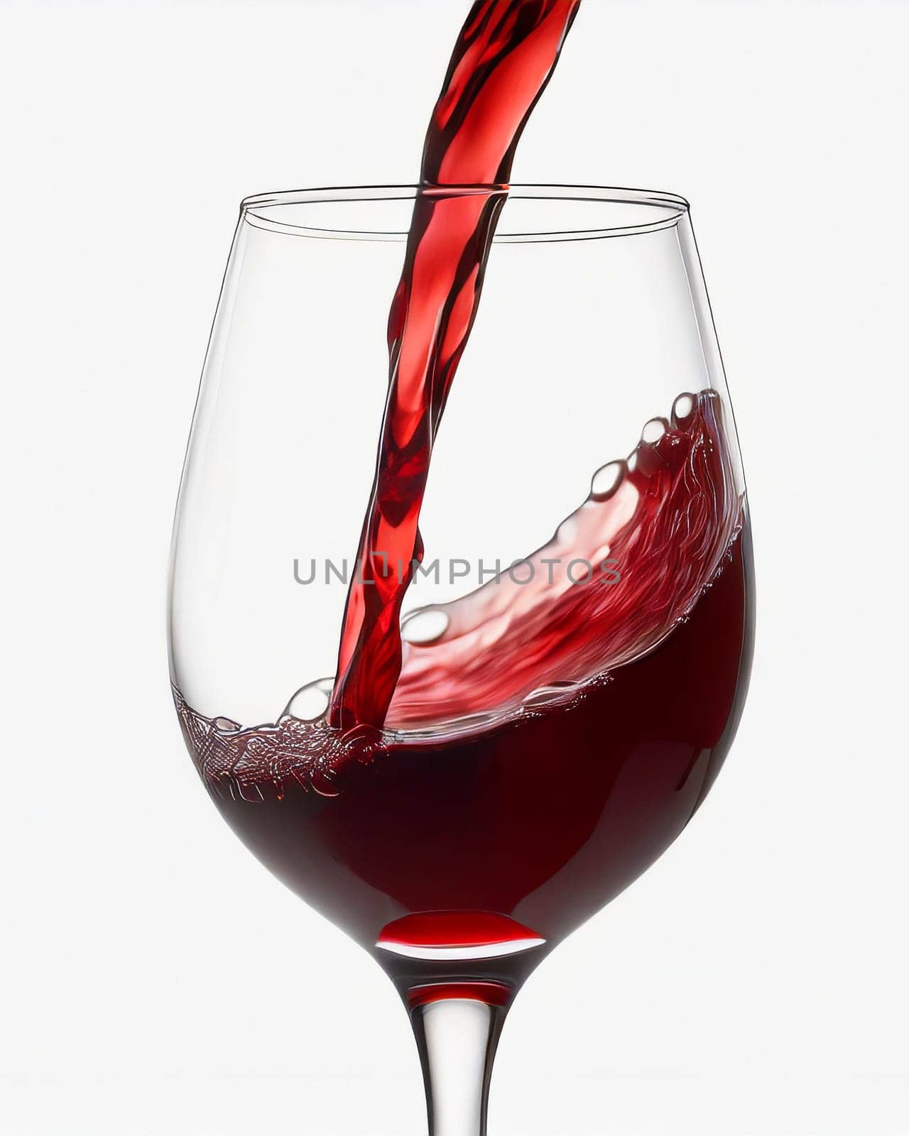 red wine pouring into glass on white background, AI generated