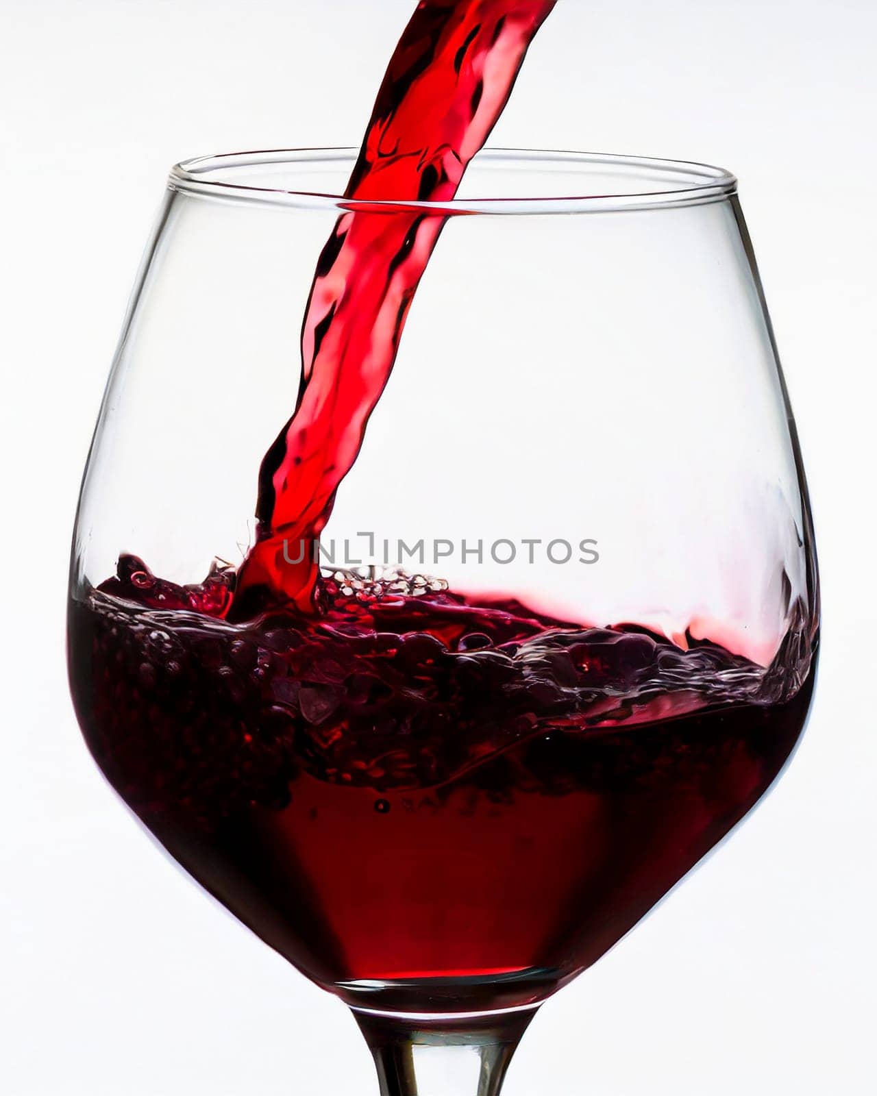 red wine pouring into glass on white background, AI generated