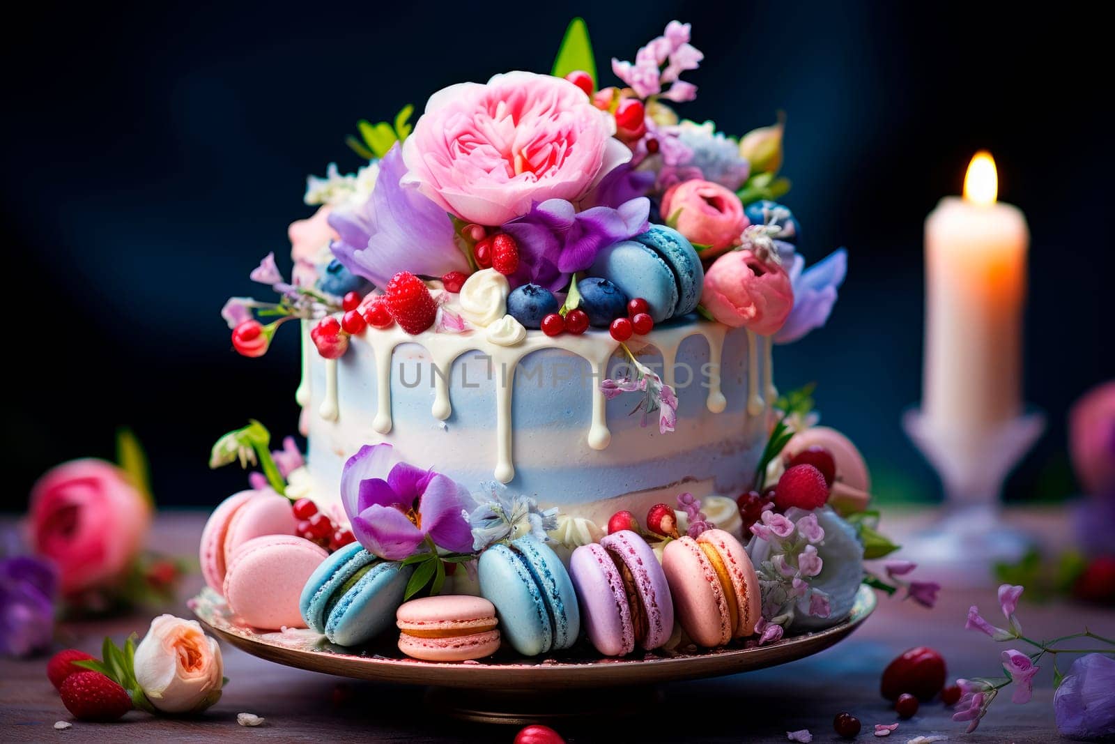A colorful  cake covered in bright flowers, berries and topped with a  macarons. AI generated