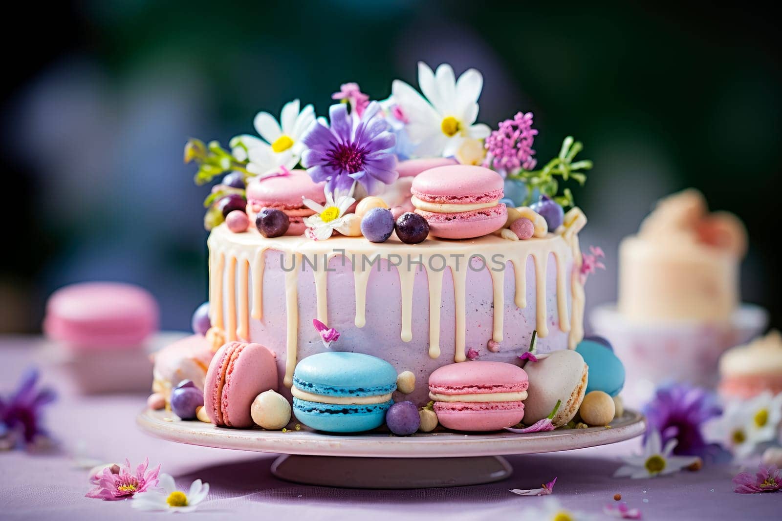 A colorful cake covered in bright flowers, berries and topped with a  macarons. AI generated