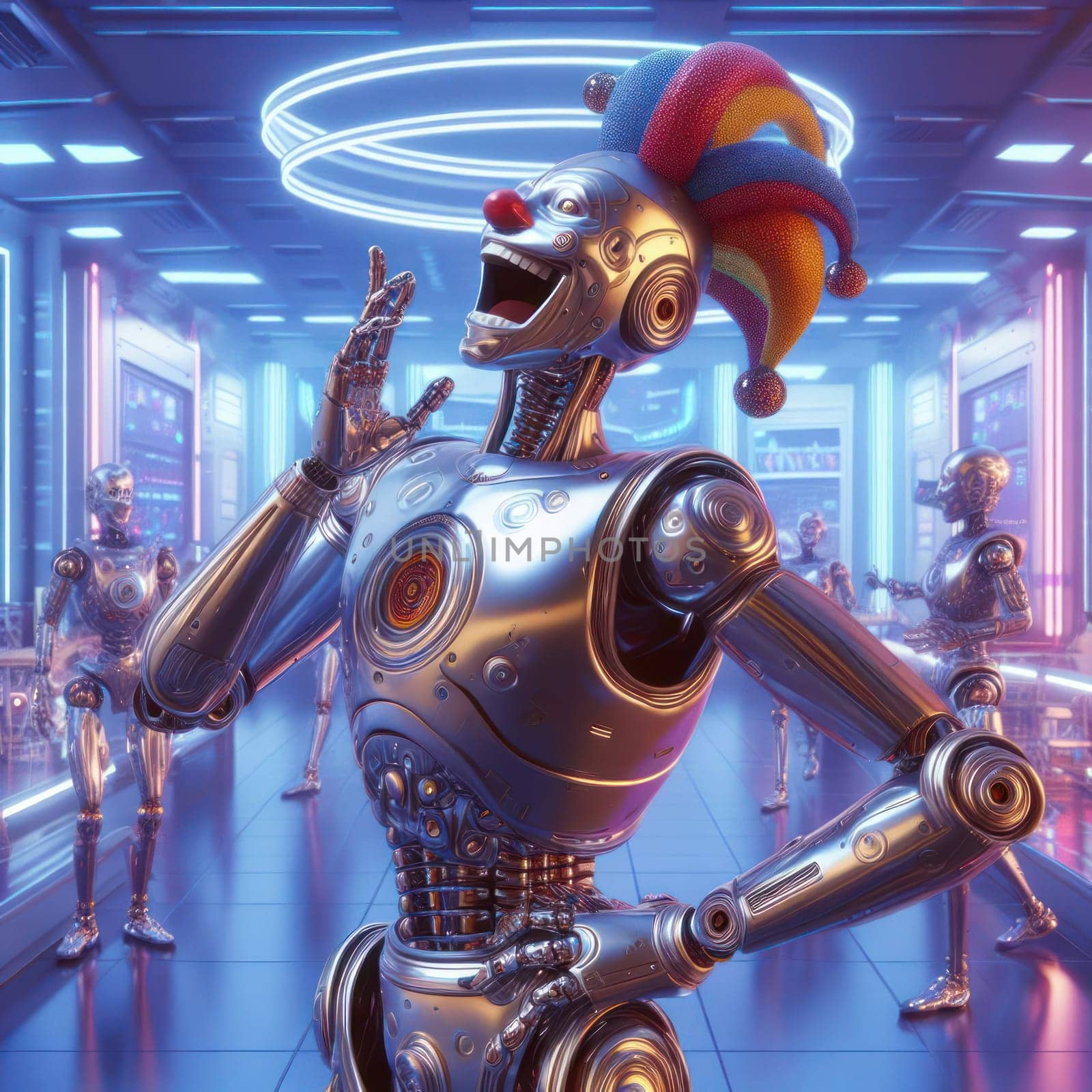 3d art of happy loud and flamboyant comical futuristic robot in lab generative ai