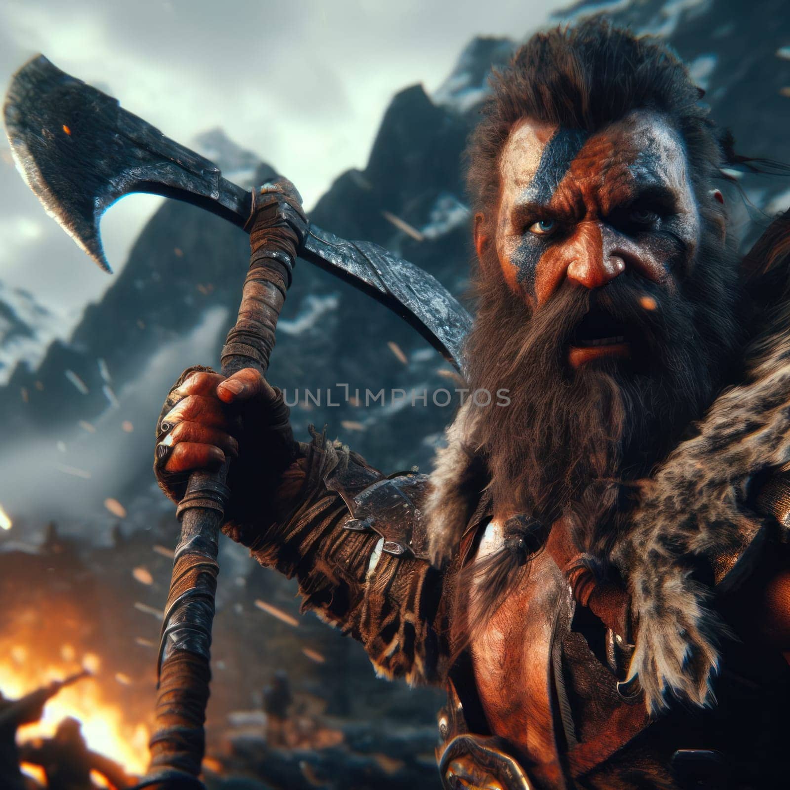 closeup of a strong barbarian warrior with battleaxe in snowy mountain area generative ai