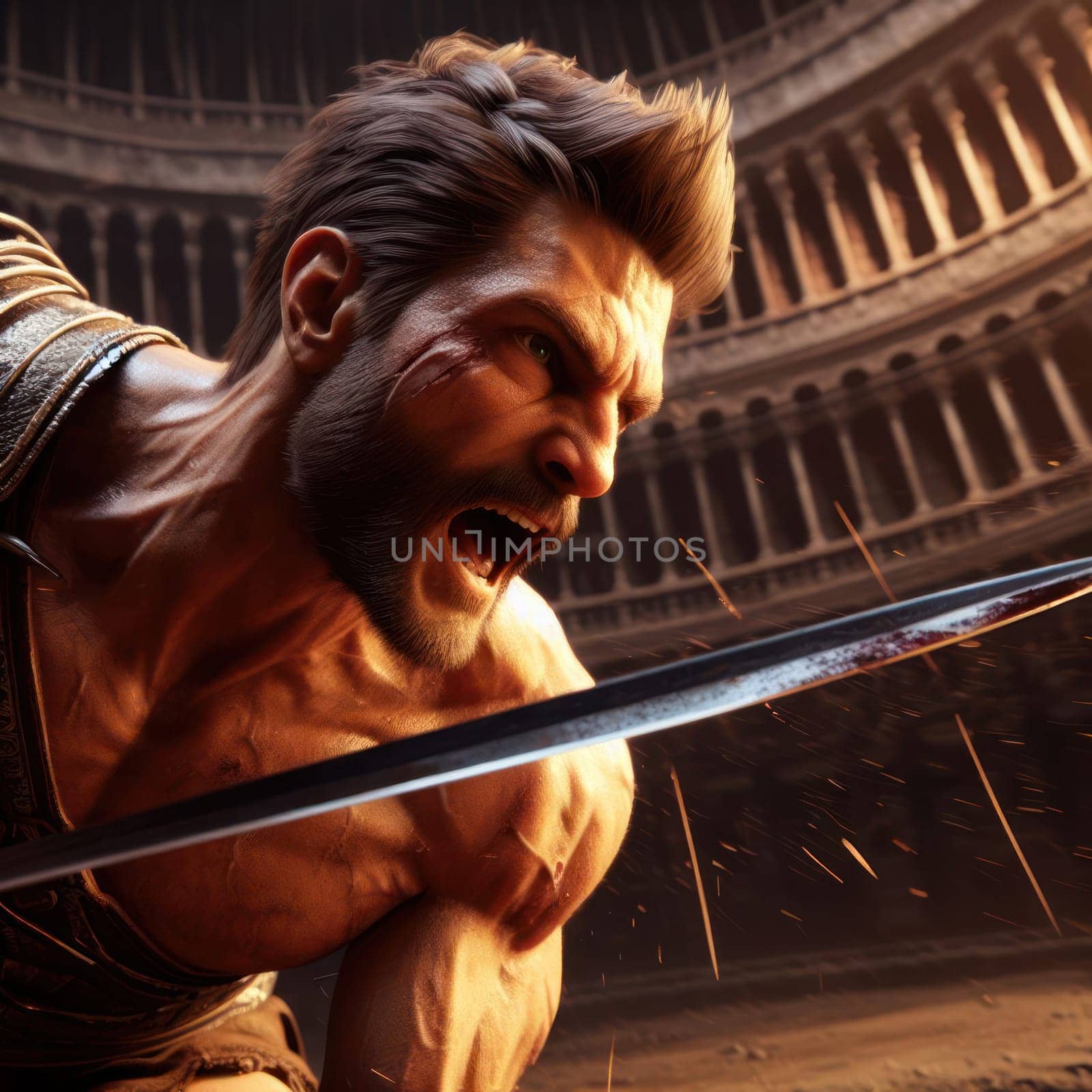 closeup of a roman gladiator fighting in battle with a sword generative ai