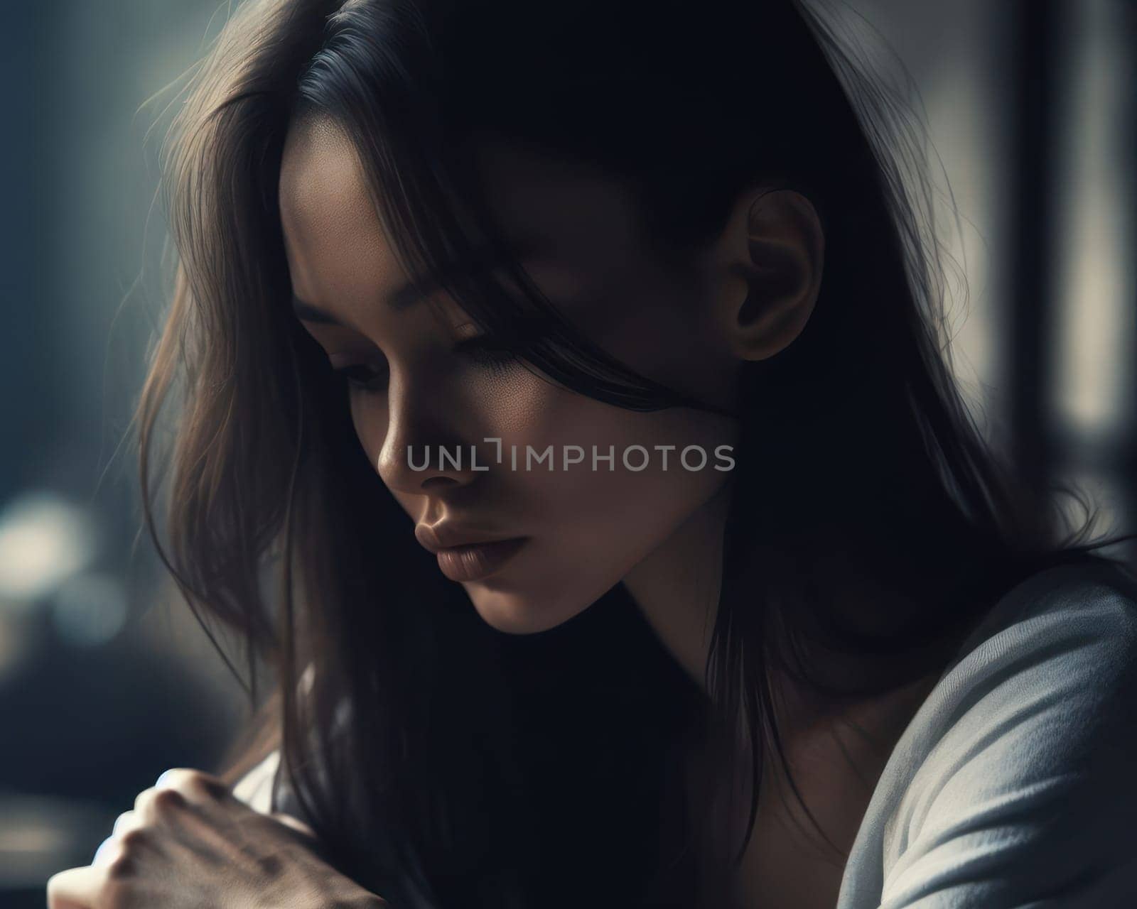 young woman with mental health problems like depression sits and tries to deal with it alone generative ai