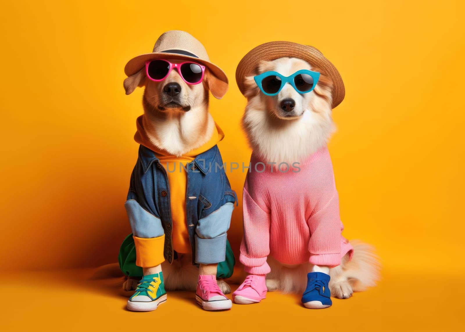 studio style shot of dogs fashionably dressed dogs ready to go out for poster or advertisement generative ai