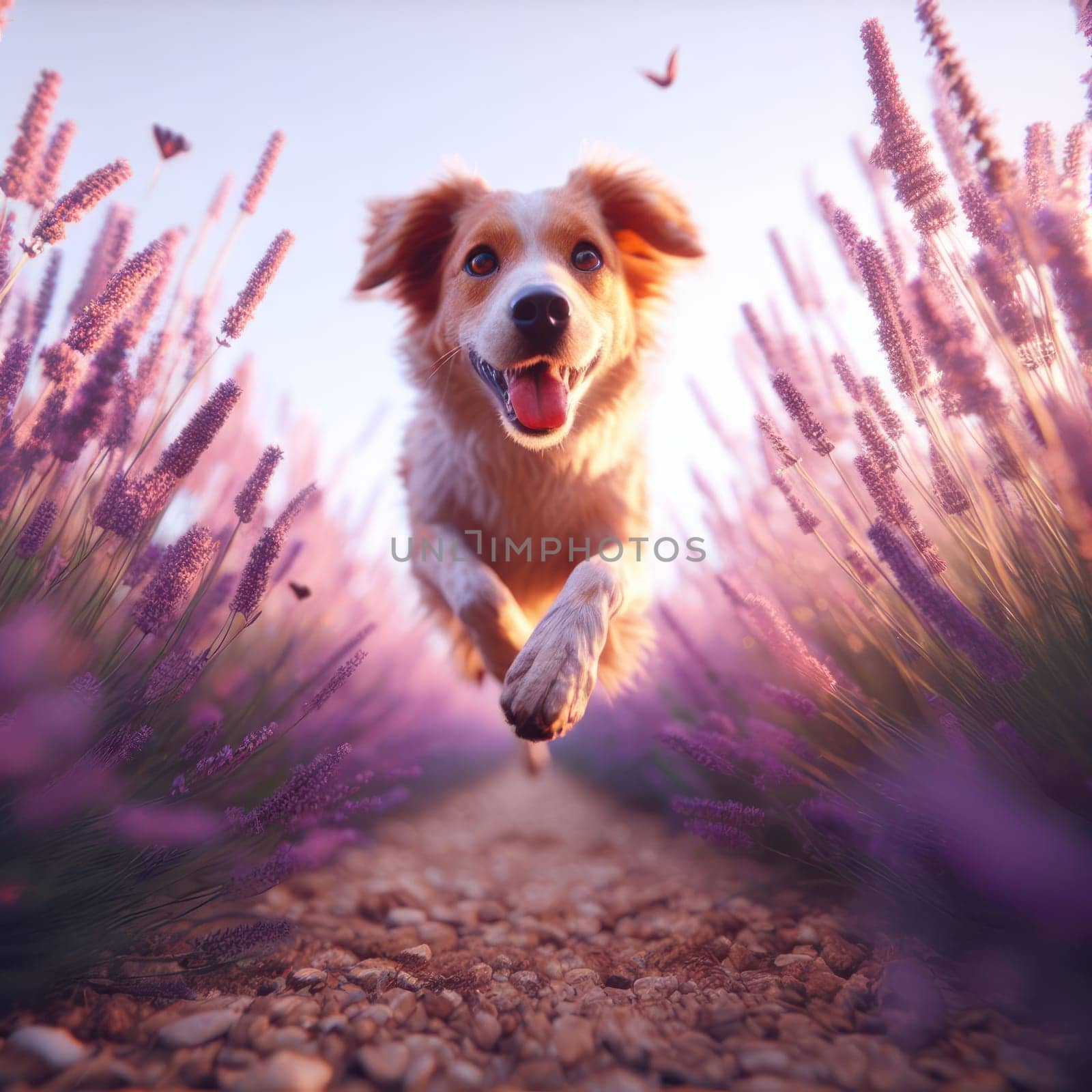 happy dog running and bounding through a lavender field on a beautiful day generative ai