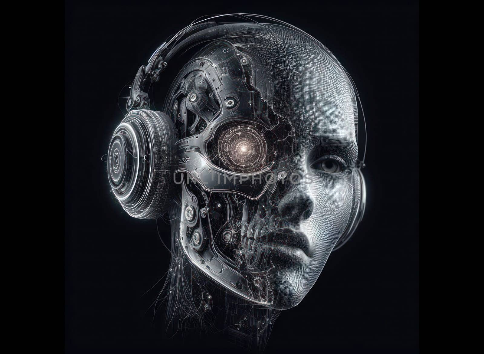 artistic digital illustration of a high tech futuristic ethereal nueral network robotic orgasm with headphones generative ai