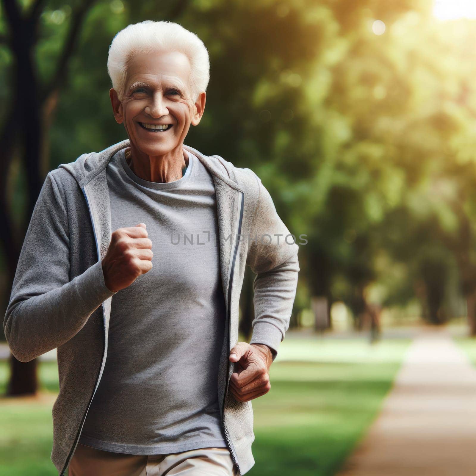 senior man out exercising and jogging in the park generative ai