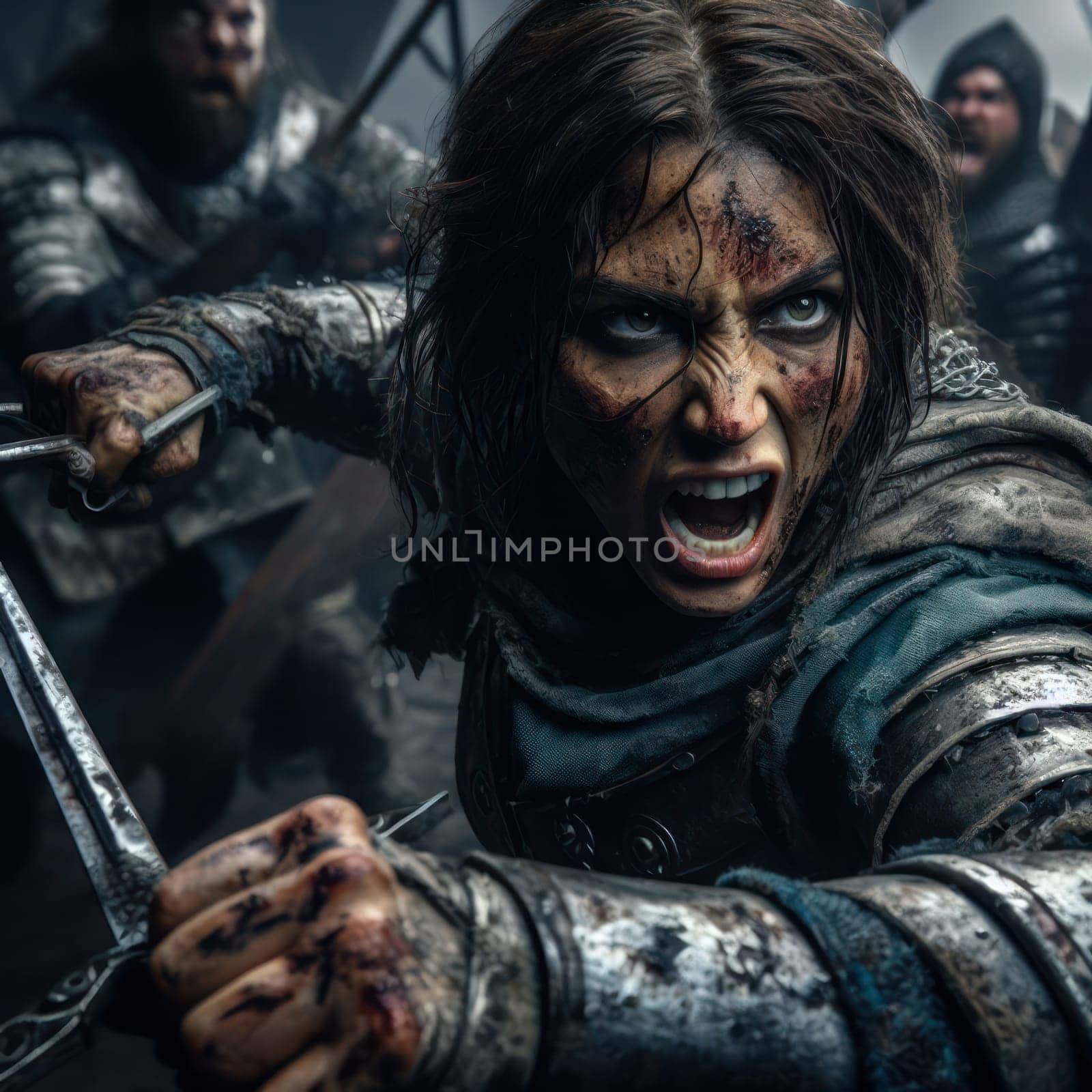 closeup of a strong female warrior enraged and in battle with a sword generative ai