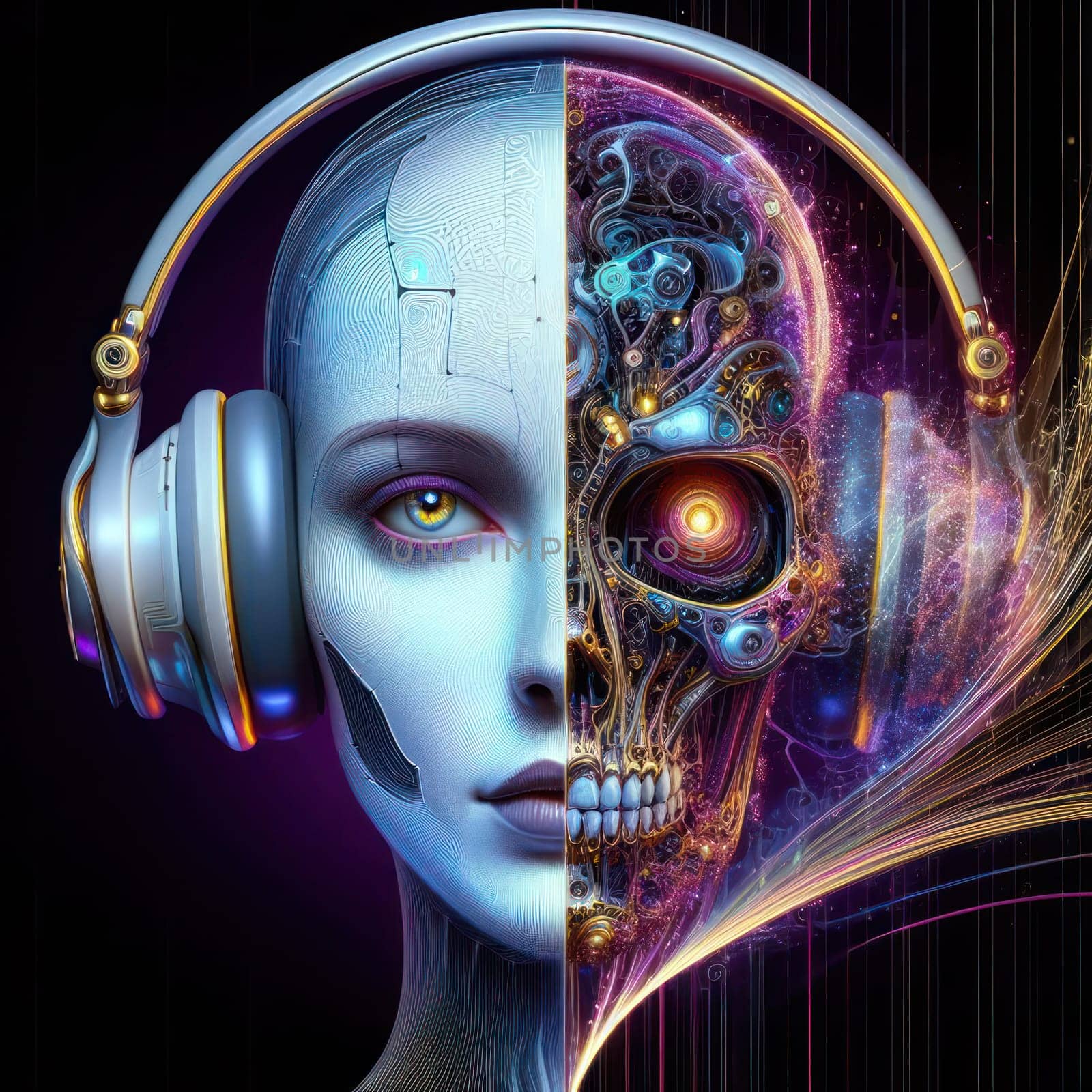 artistic digital illustration of a high tech futuristic ethereal nueral network robotic orgasm with headphones generative ai