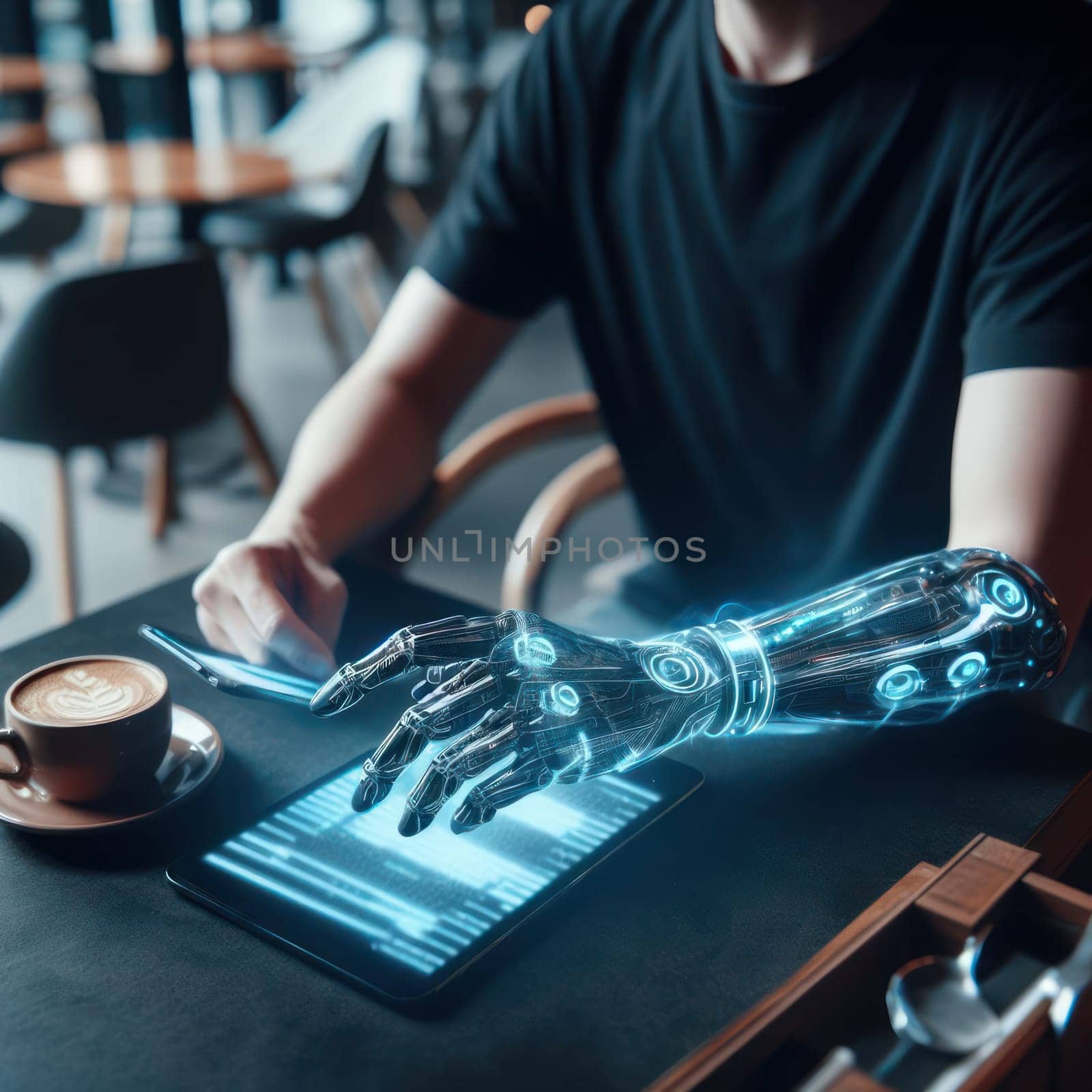 cybernetic person with futuristic robotic limbs and enhancements drinking coffee and using tablet in a cafe