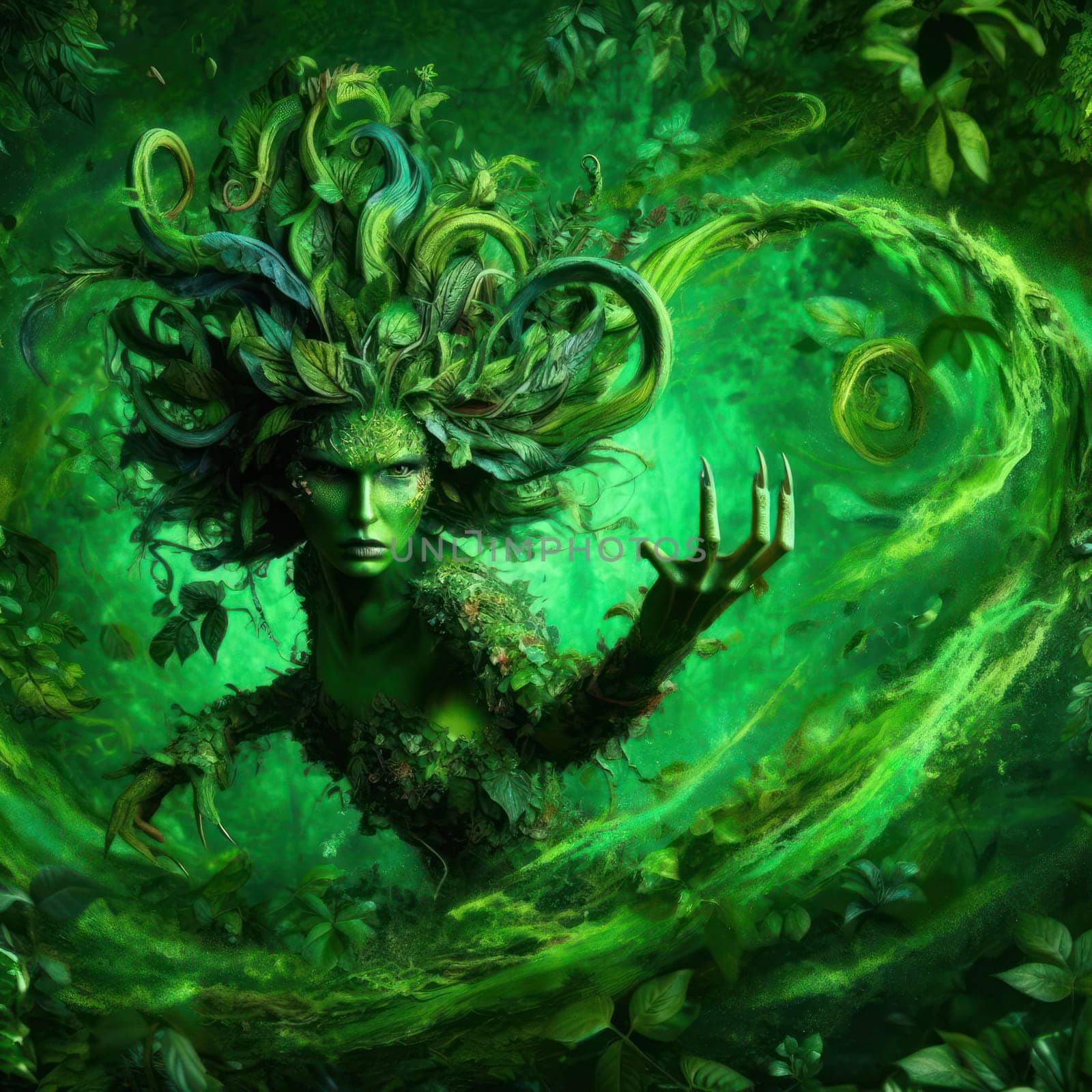fantasy illustration on a furious nature goddess, elemental or sprite in a lush jungle forest generative ai