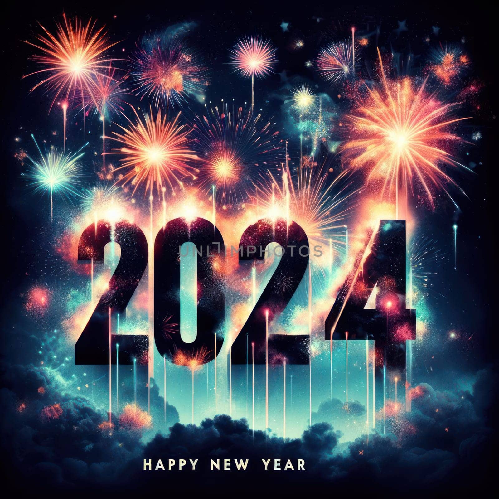 big bright and colorful fireworks for a happy new years 2024 generative ai