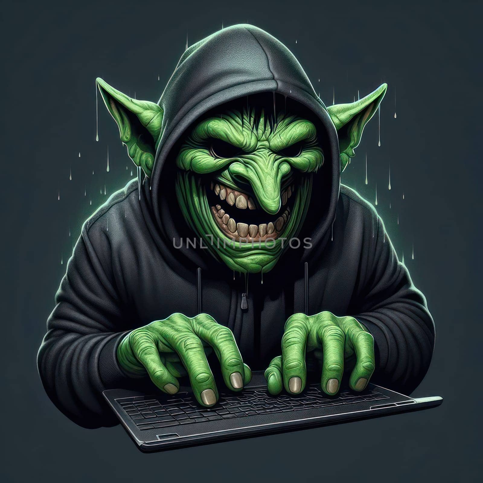 illustration of an internet troll wearing hoodie and using keyboard generative ai