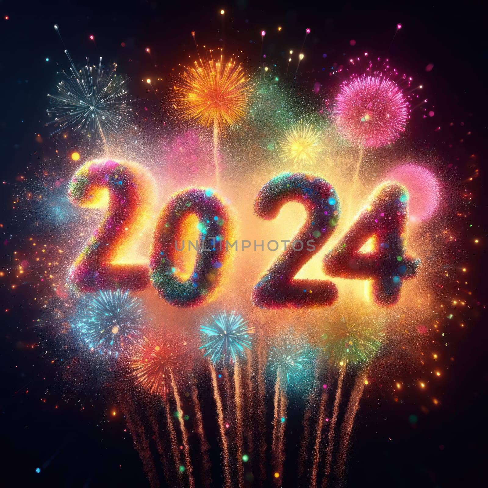 big bright and colorful fireworks for a happy new years 2024 generative ai