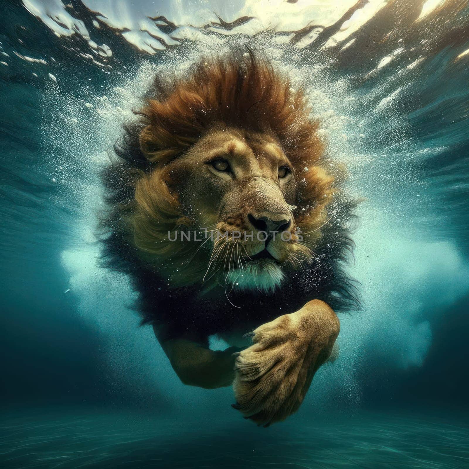 a lion swimming underwater in pool or clear river generative ai