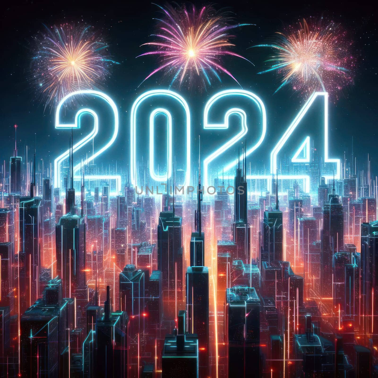 big bright and colorful fireworks for a happy new years 2024 generative ai