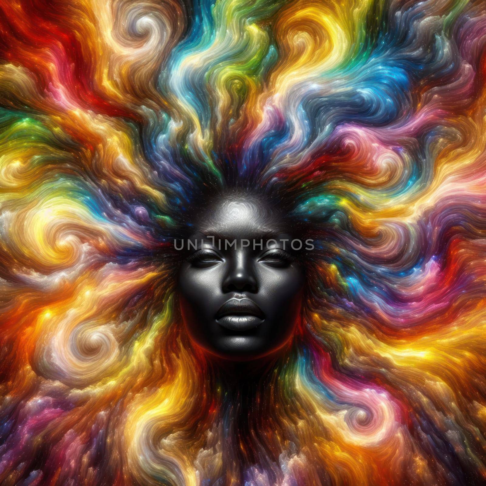 beautiful black woman goddess surrounded by waves of rainbow coloured smoke and light generative ai