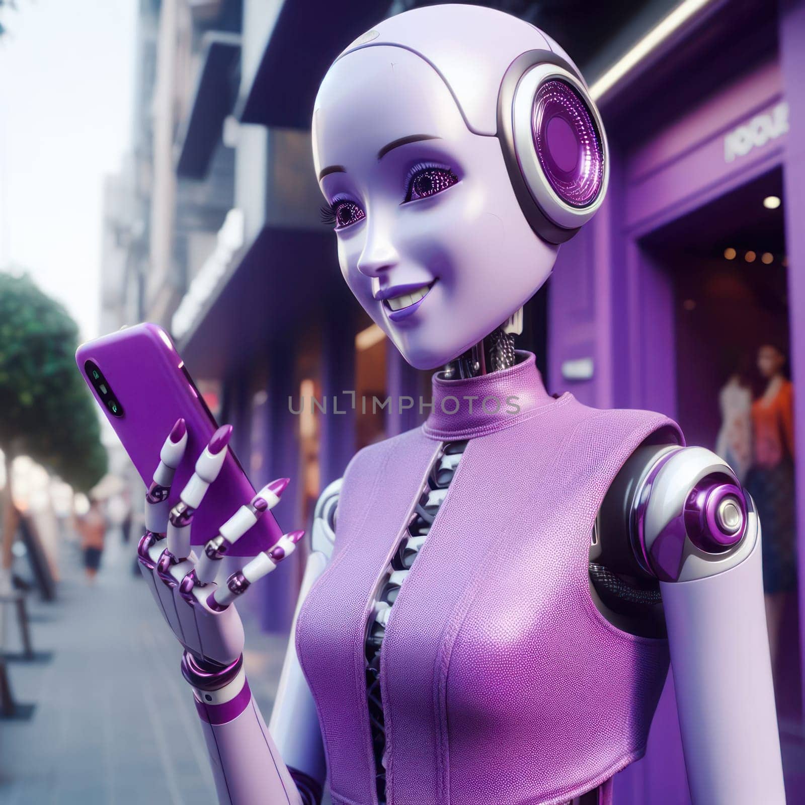 happy female robot android wearing purple in front of a purple shop in the street generative ai
