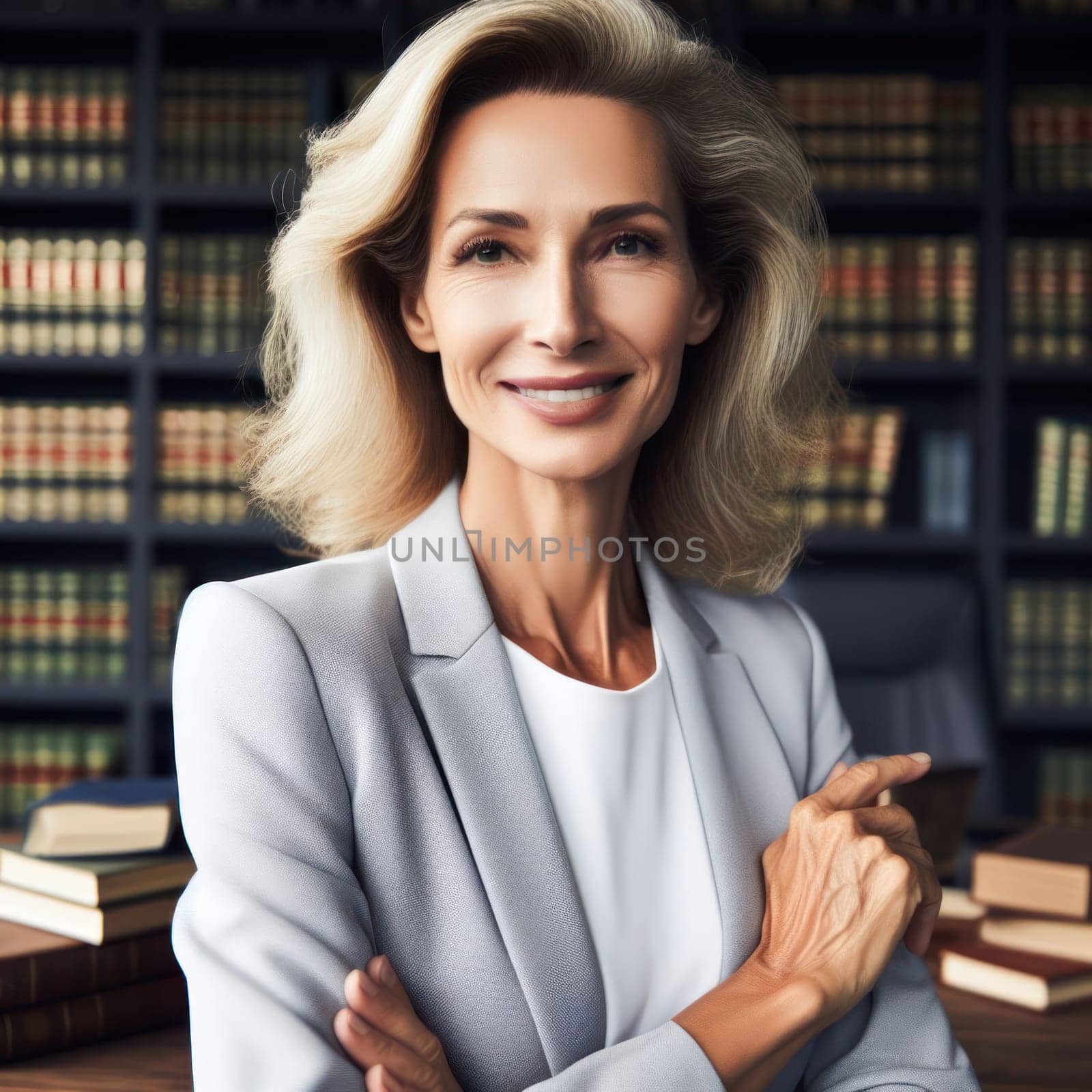 successful experienced female lawyer in office in front of law library books generative ai