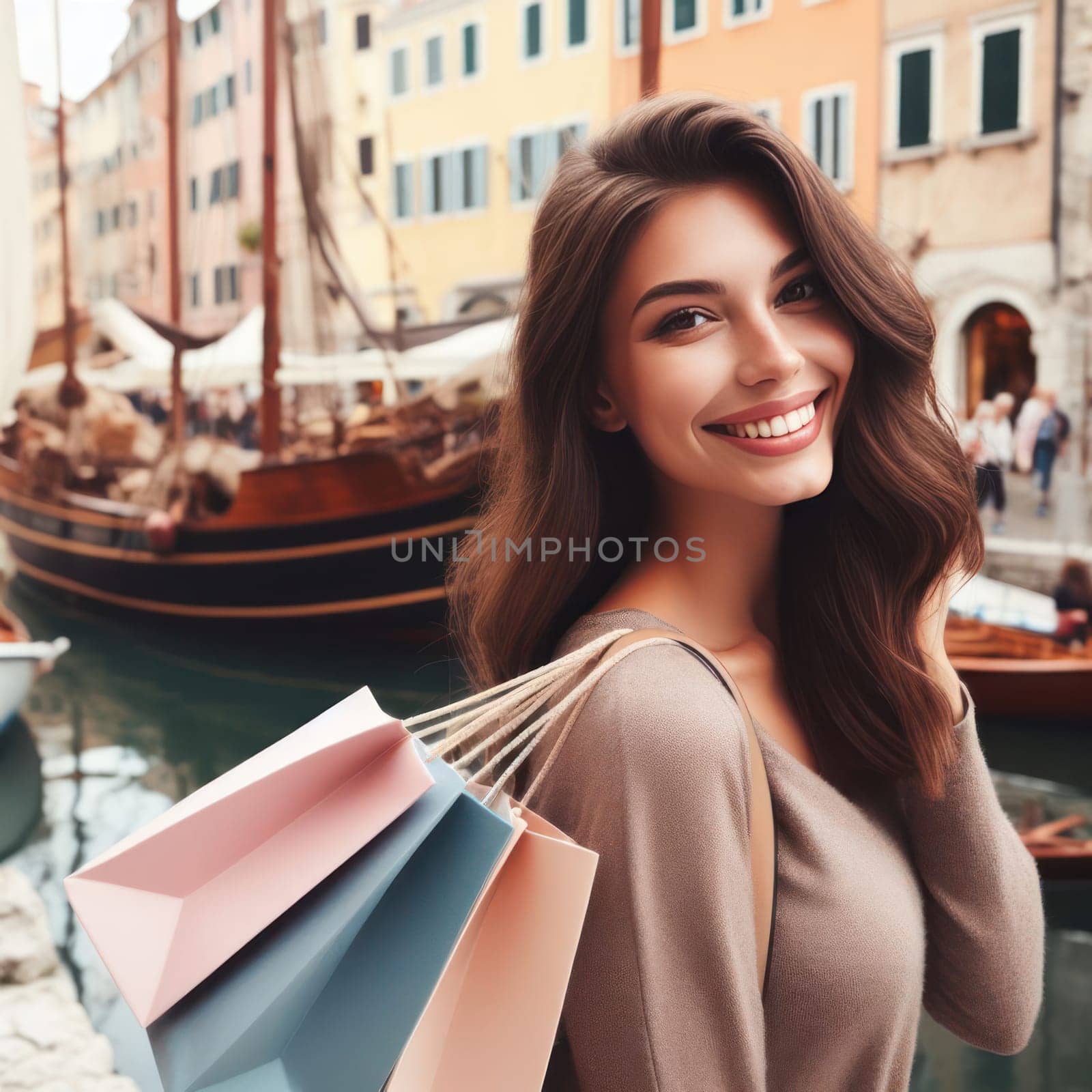 pretty young female tourist shopping on venice vacation generative ai