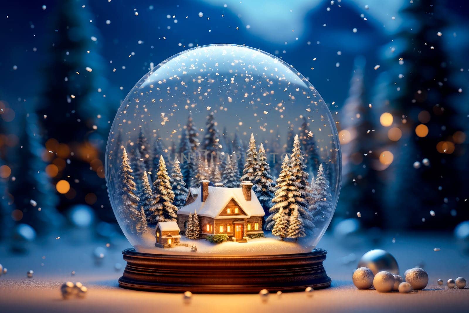 Merry Christmas gift- snow globe with fir trees and house inside. AI generated