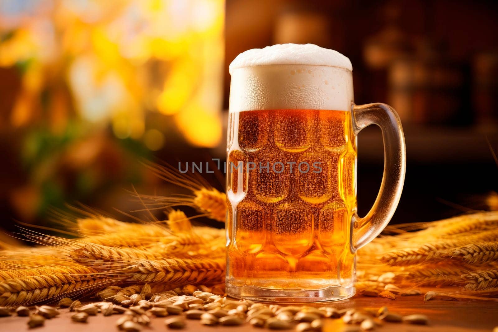 Beer glass with froth overflowing from a traditional beer stein, with barley scattered on the table. AI generated
