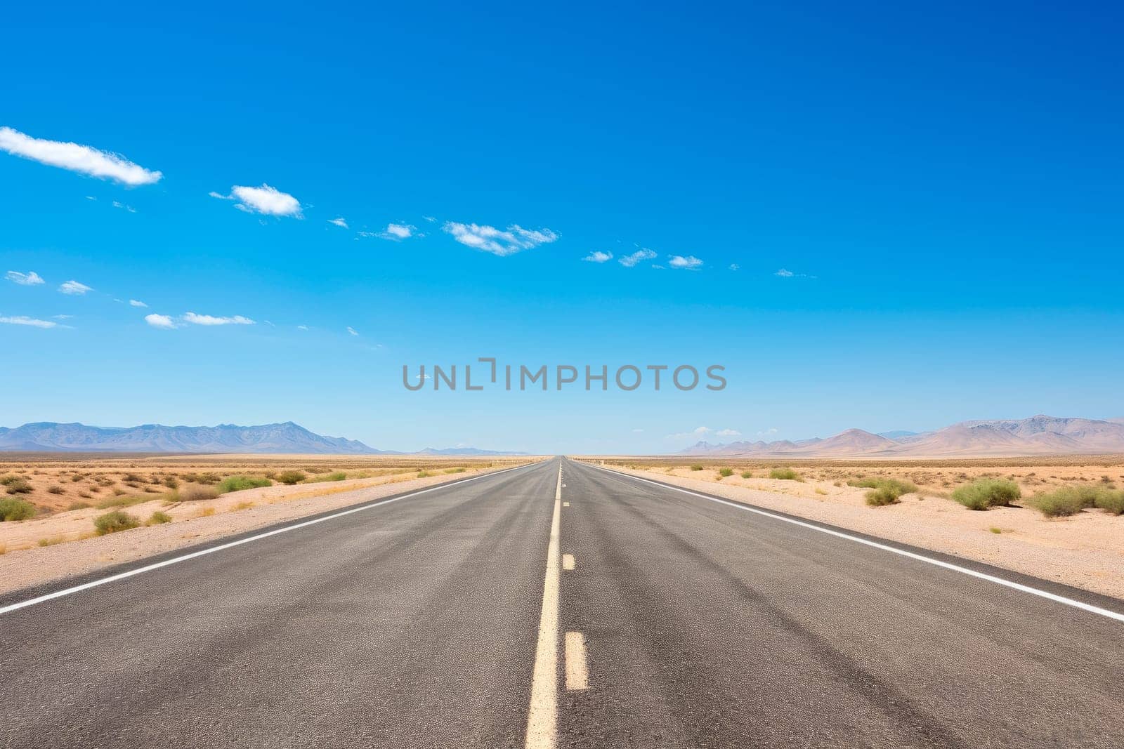 Empty open road in the deserted country under blue sky. Flat and straight the roads leads to the horizon. AI generated