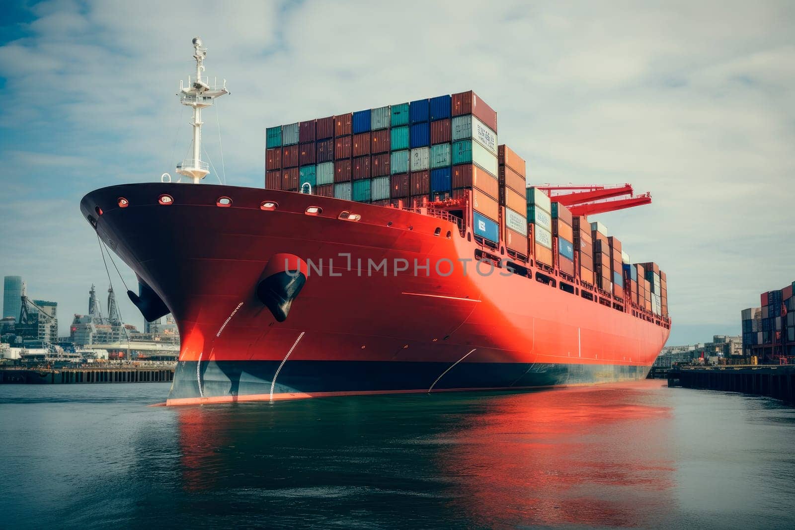 Container ship at industrial port with shipping container vessel. Maritime cargo freight ship import export business logistic transportation. AI generated