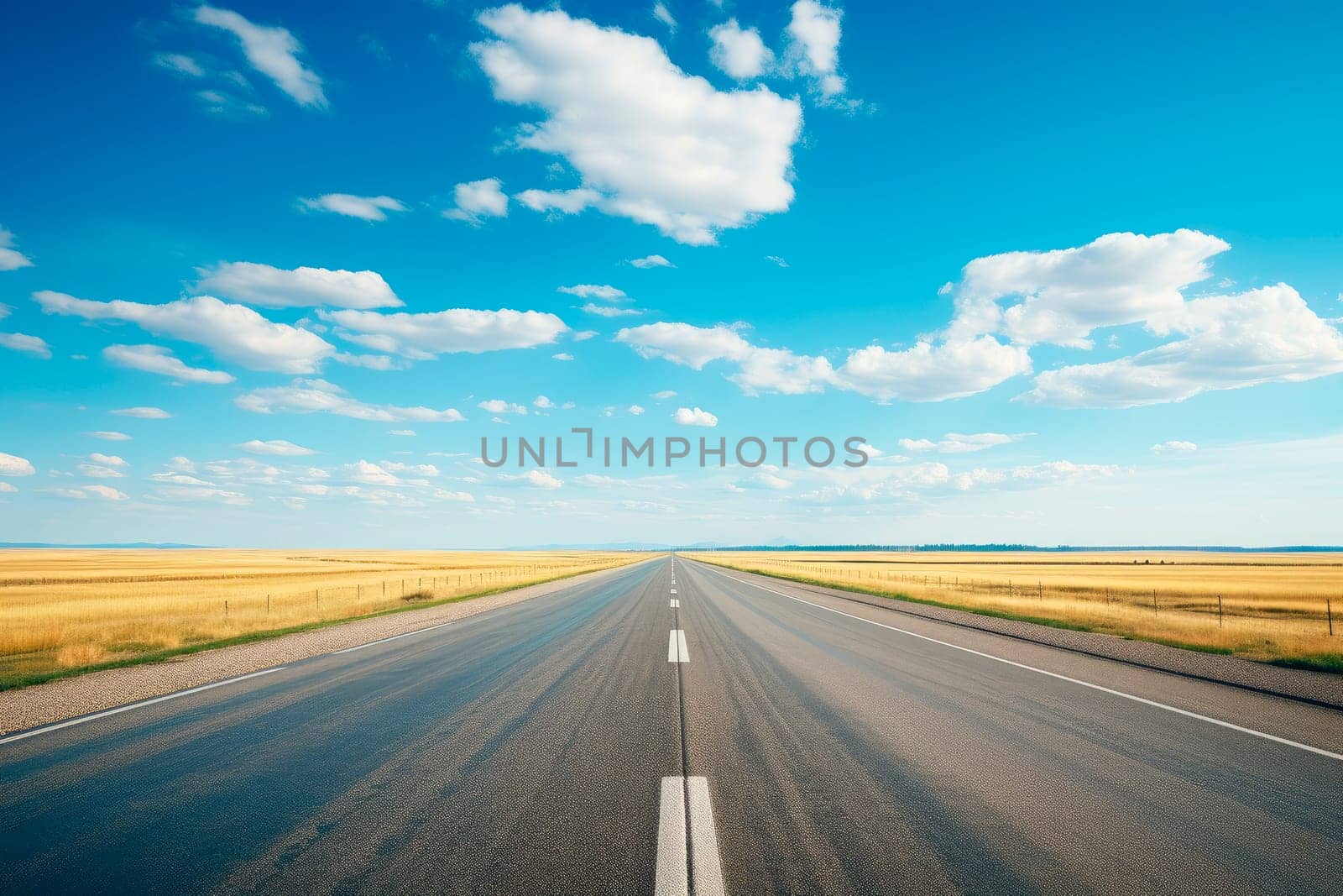 Empty open road in the country on cloudy bluish sky. Flat and straight the roads leads to the horizon. AI generated