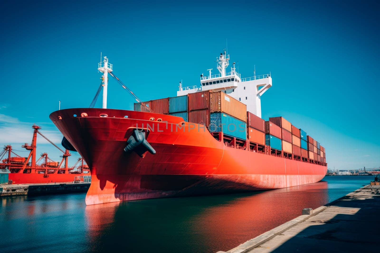 Container ship at industrial port in import export business logistic and transportation of international by container ship in the sea. AI generated