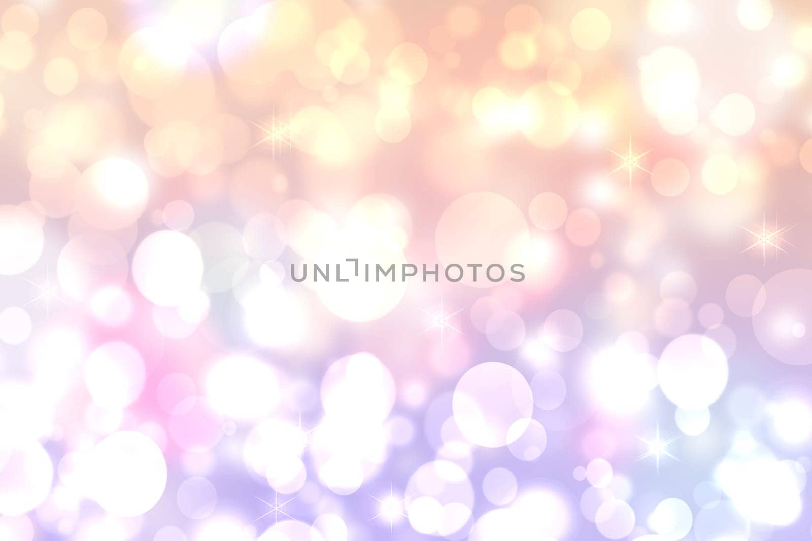 A festive abstract delicate Happy New Year or Christmas background texture with colorful gold yellow pink blurred bokeh lights and stars. Space for design. Card concept or advertising.